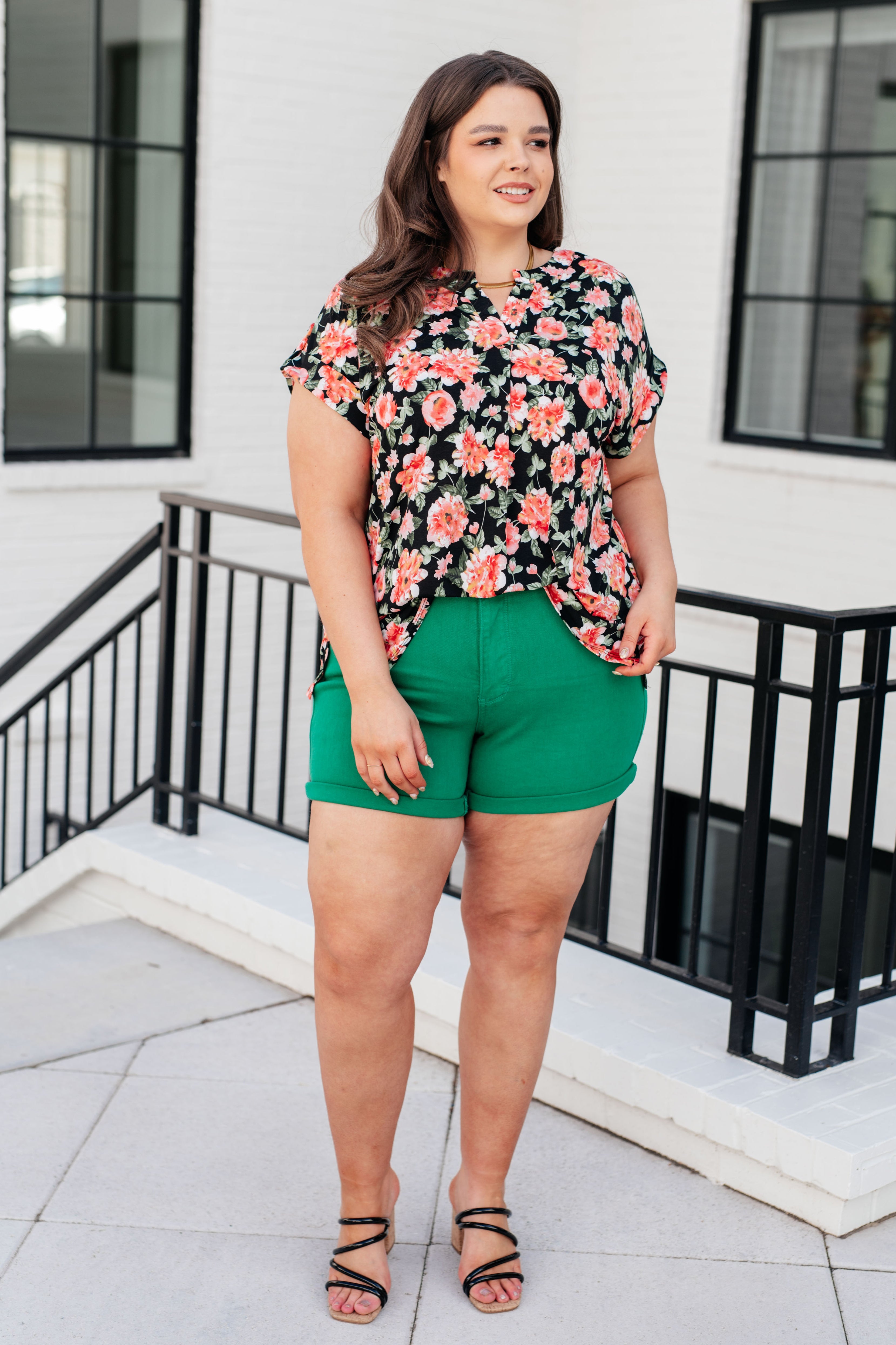 Lizzy Cap Sleeve Top in Black and Coral Floral Tops Ave Shops   