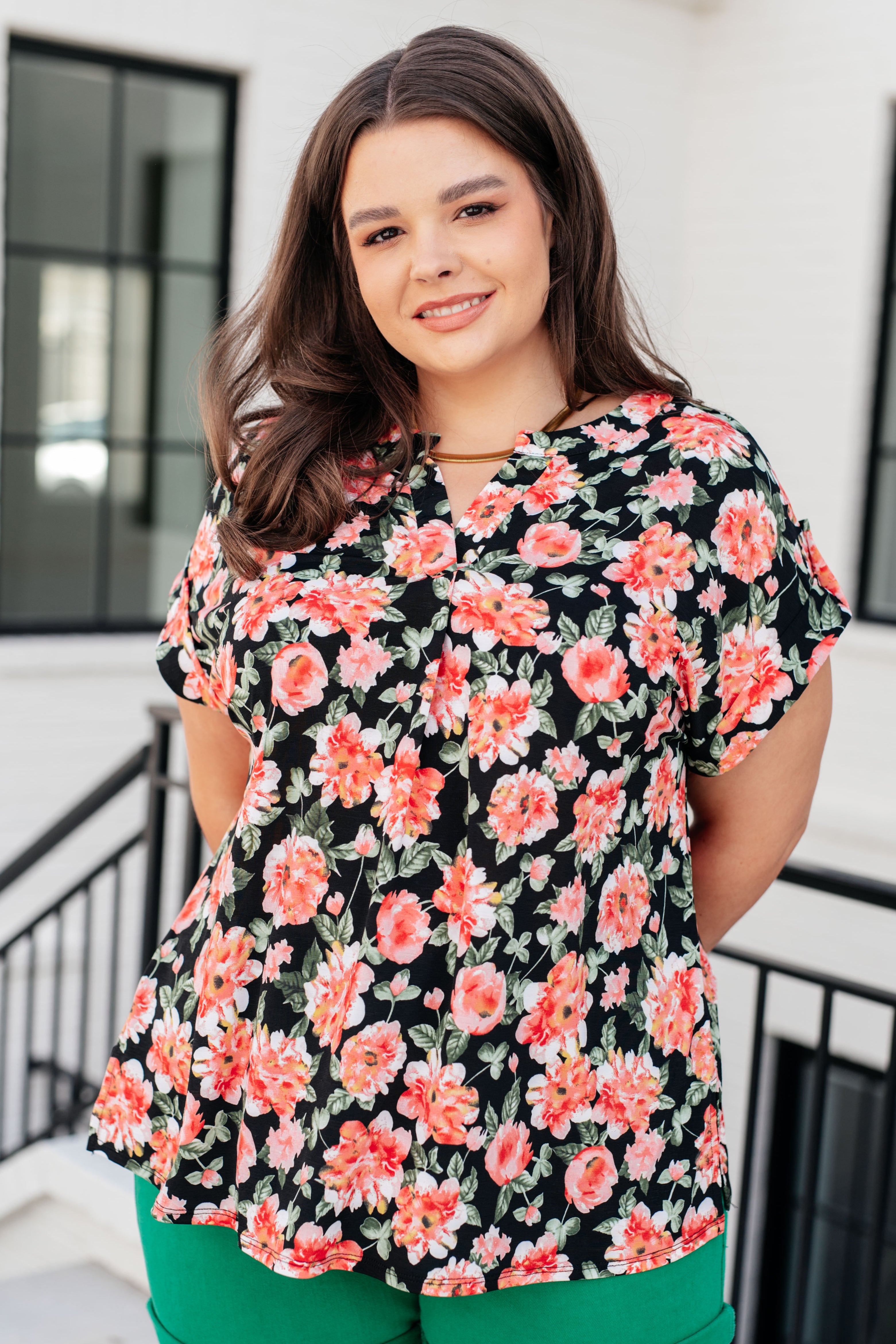 Lizzy Cap Sleeve Top in Black and Coral Floral Tops Ave Shops   