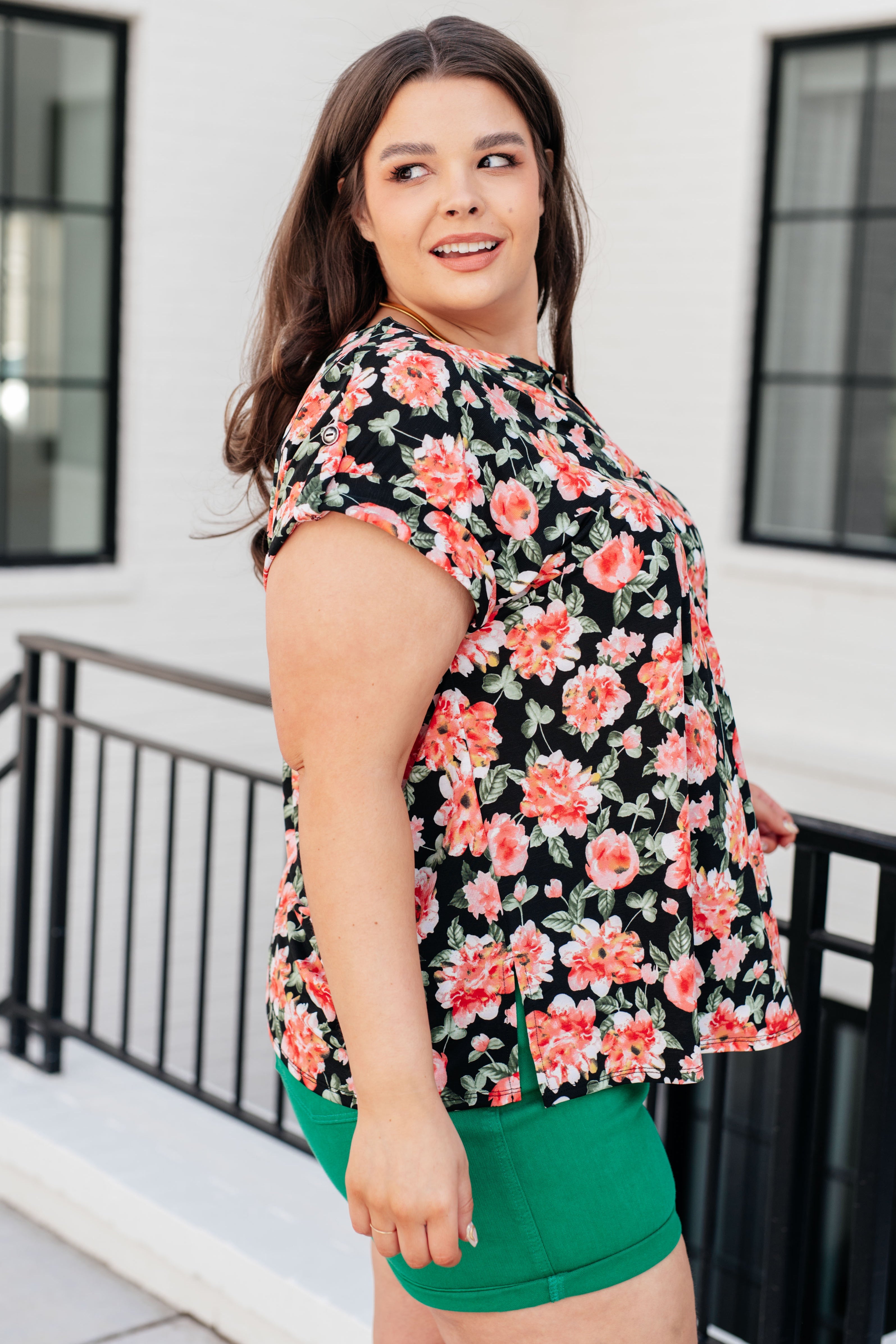 Lizzy Cap Sleeve Top in Black and Coral Floral Tops Ave Shops   