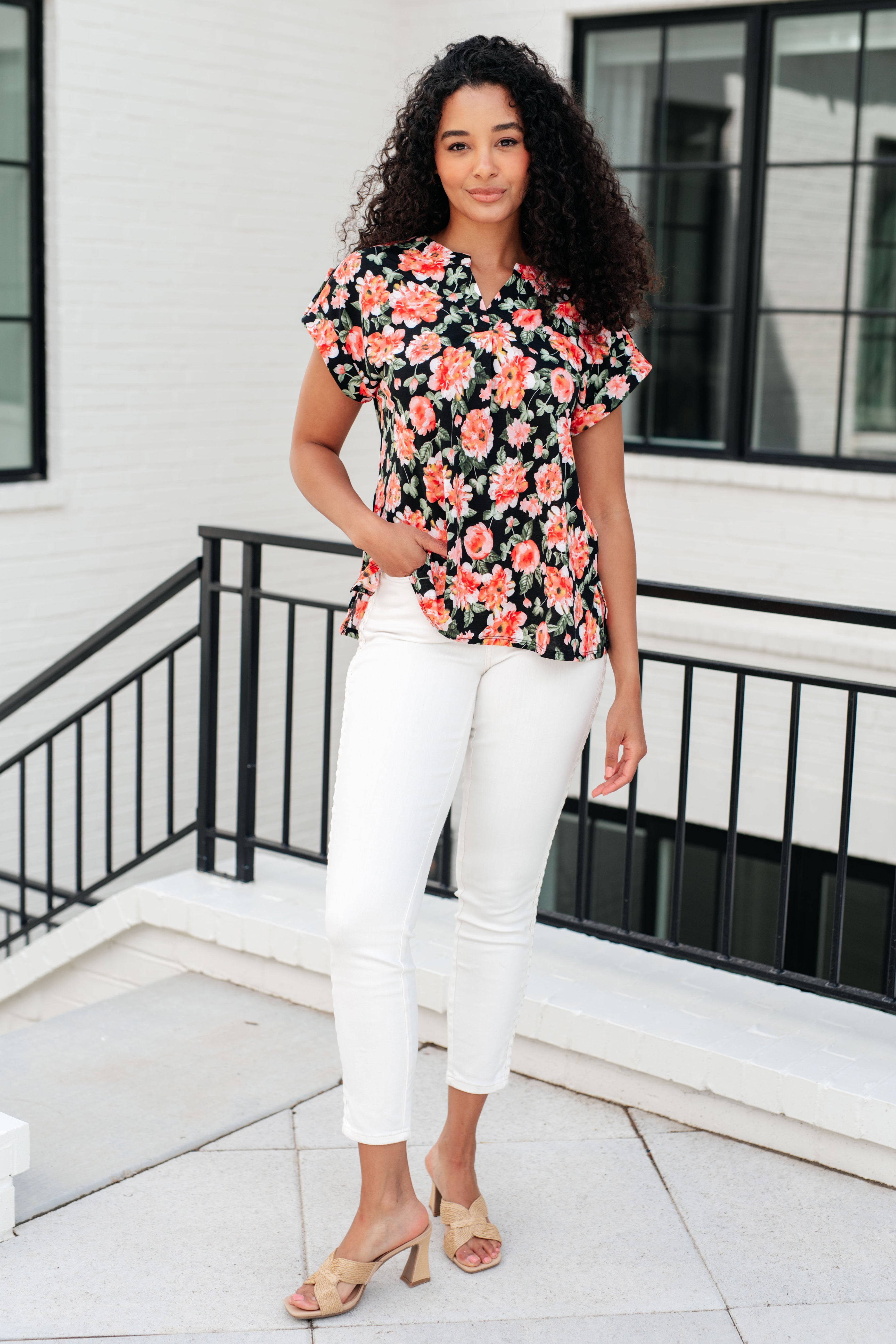 Lizzy Cap Sleeve Top in Black and Coral Floral Tops Ave Shops   