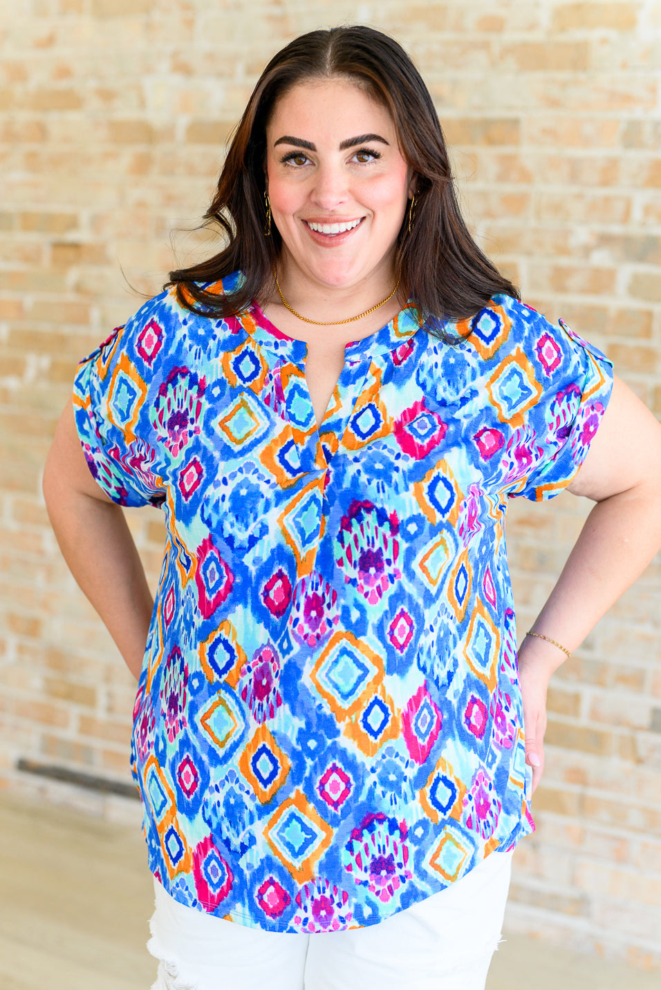 Lizzy Cap Sleeve Top in Blue and Magenta Ikat Tops Ave Shops   