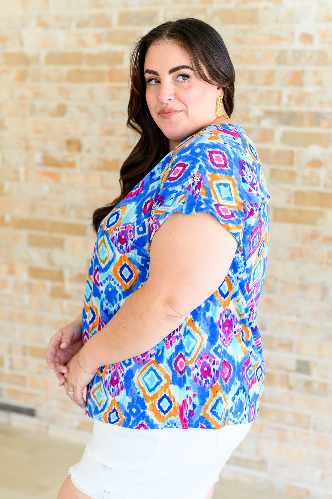 Lizzy Cap Sleeve Top in Blue and Magenta Ikat Tops Ave Shops   