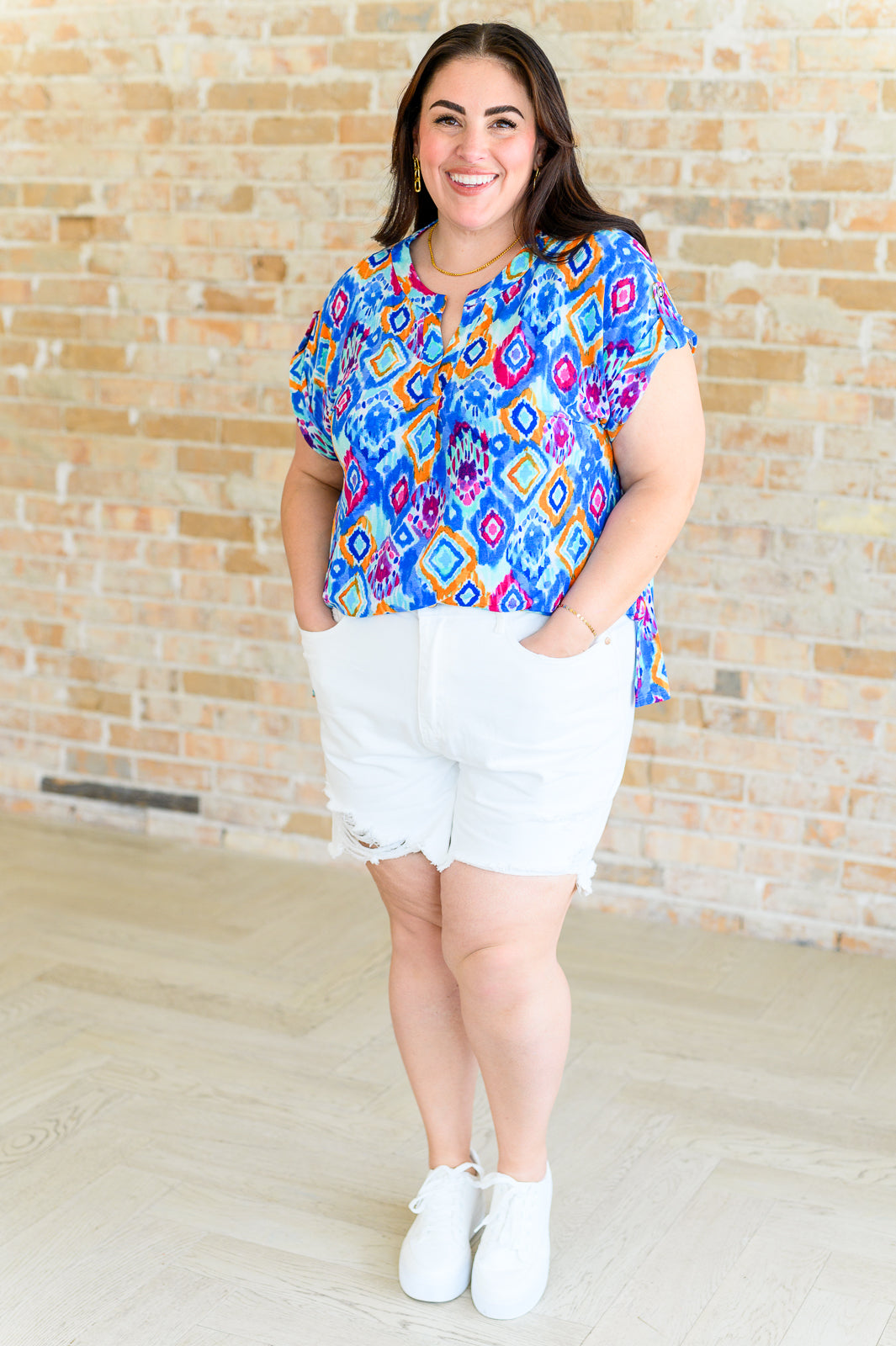 Lizzy Cap Sleeve Top in Blue and Magenta Ikat Tops Ave Shops   