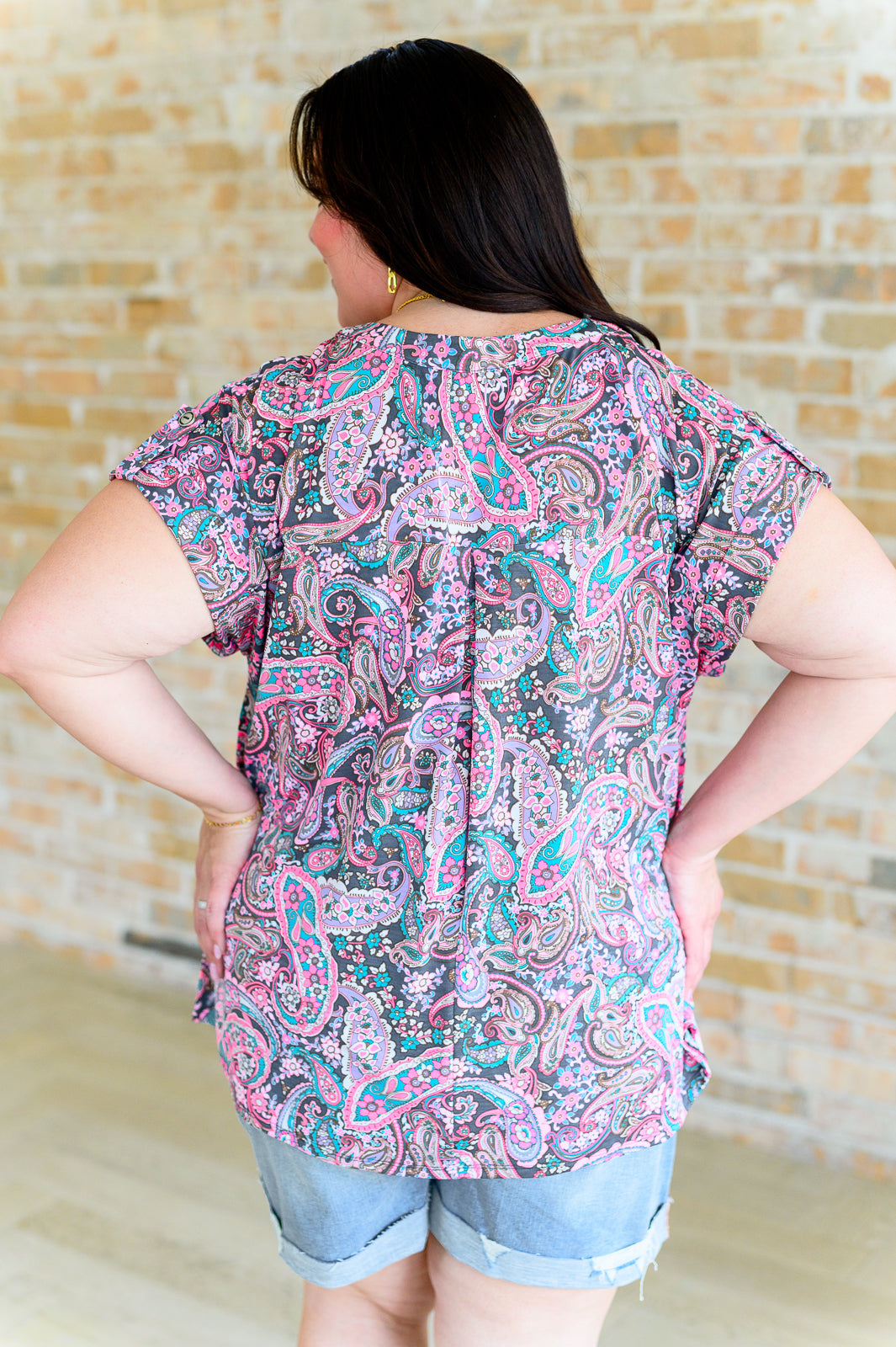 Lizzy Cap Sleeve Top in Charcoal and Pink Paisley Tops Ave Shops   