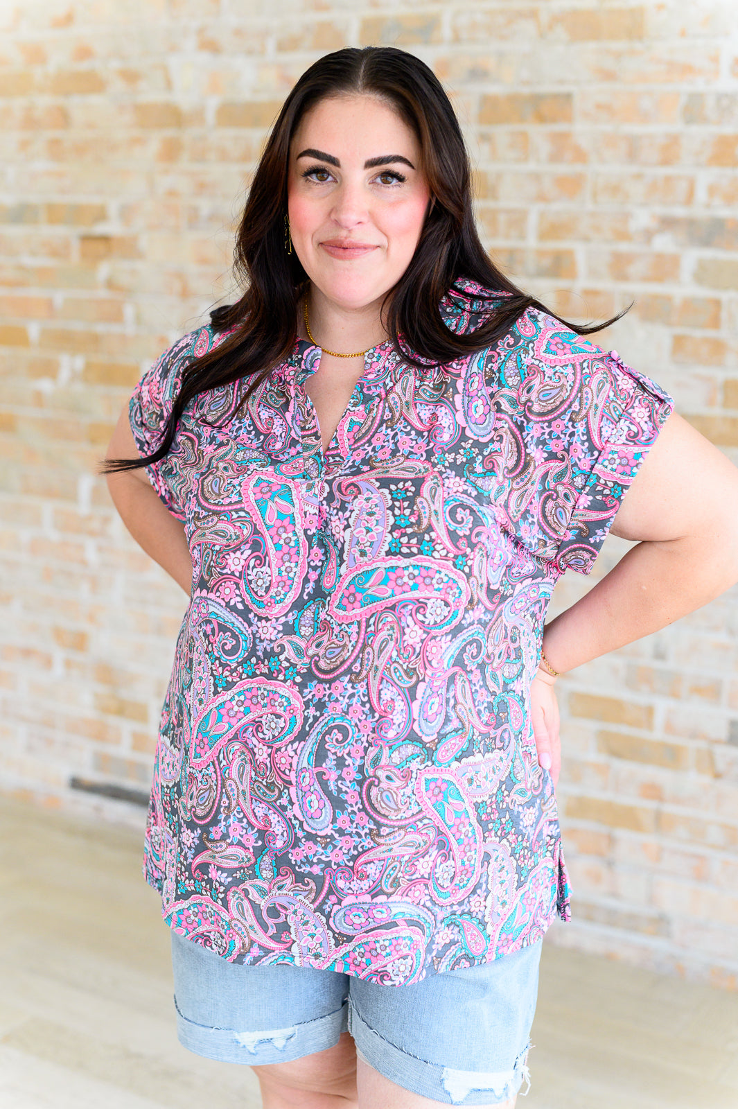 Lizzy Cap Sleeve Top in Charcoal and Pink Paisley Tops Ave Shops   