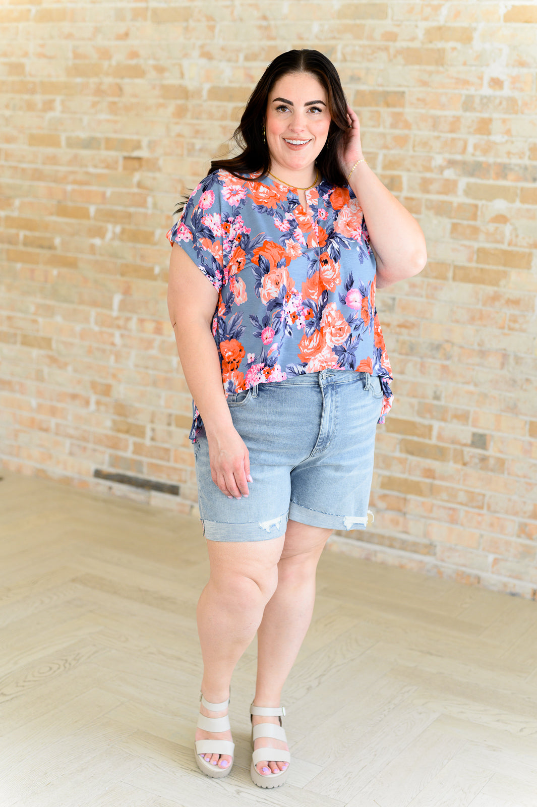 Lizzy Cap Sleeve Top in Dusty Blue and Coral Roses Tops Ave Shops   