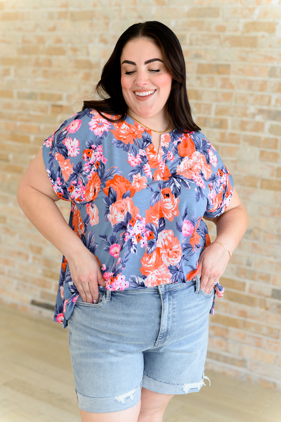 Lizzy Cap Sleeve Top in Dusty Blue and Coral Roses Tops Ave Shops   