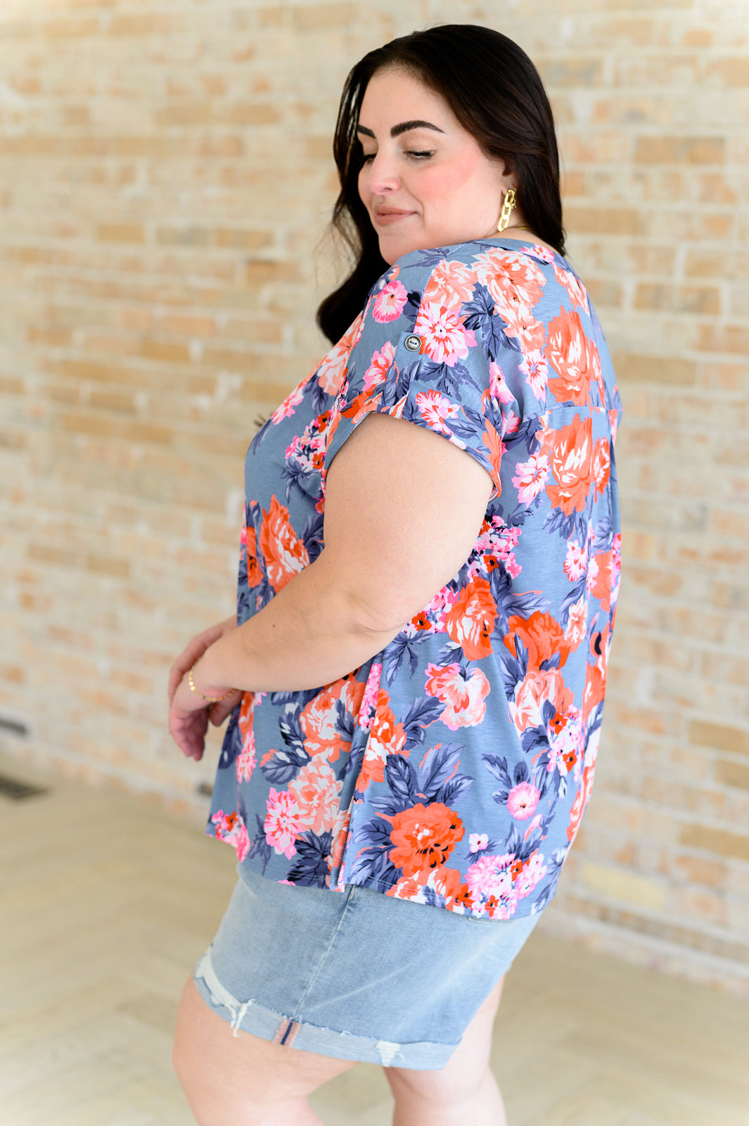 Lizzy Cap Sleeve Top in Dusty Blue and Coral Roses Tops Ave Shops   