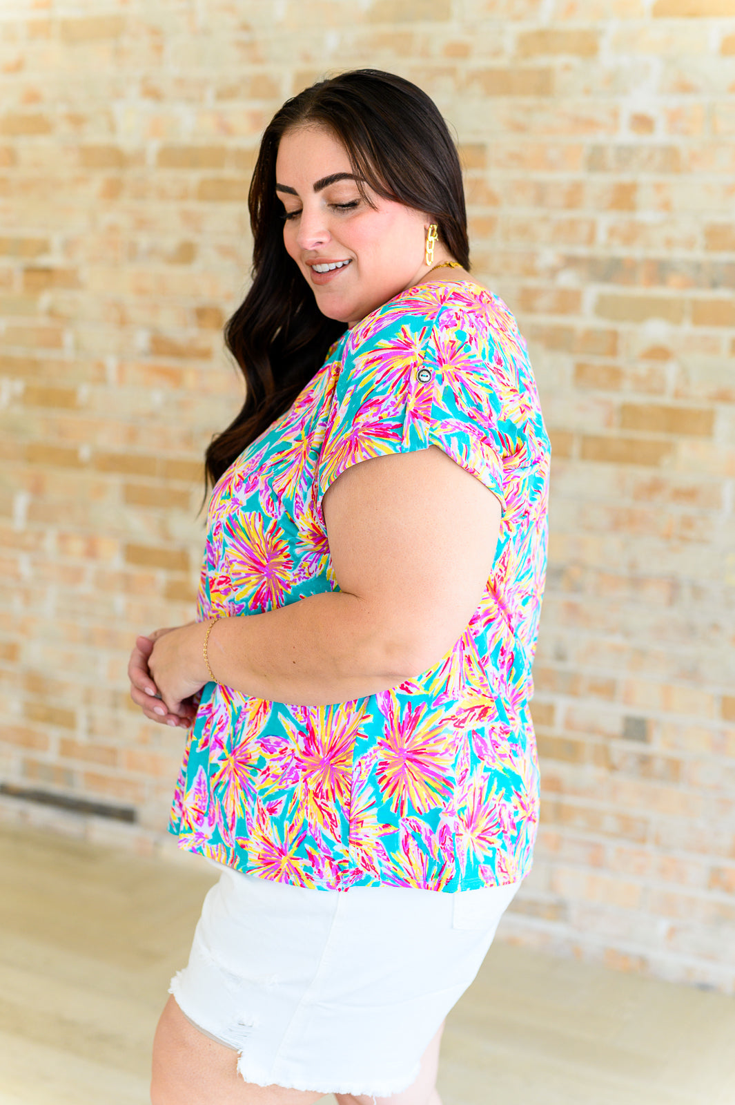 Lizzy Cap Sleeve Top in Emerald Multi Palm Trees Tops Ave Shops   