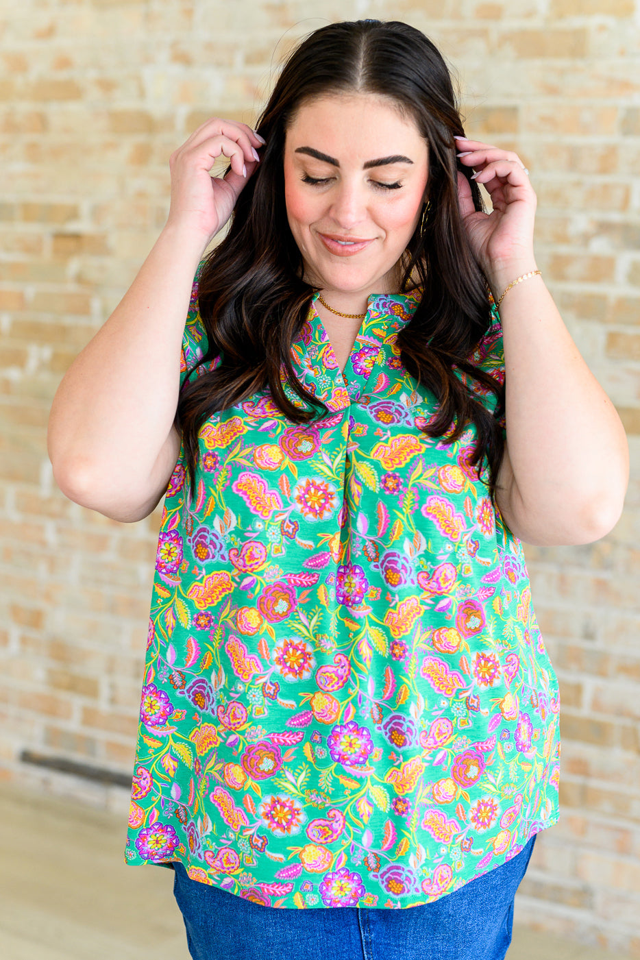 Lizzy Cap Sleeve Top in Emerald and Plum Floral Paisley Tops Ave Shops   