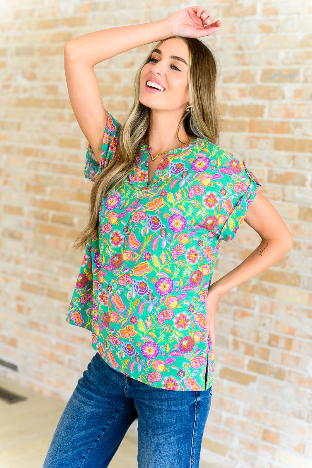 Lizzy Cap Sleeve Top in Emerald and Plum Floral Paisley Tops Ave Shops   