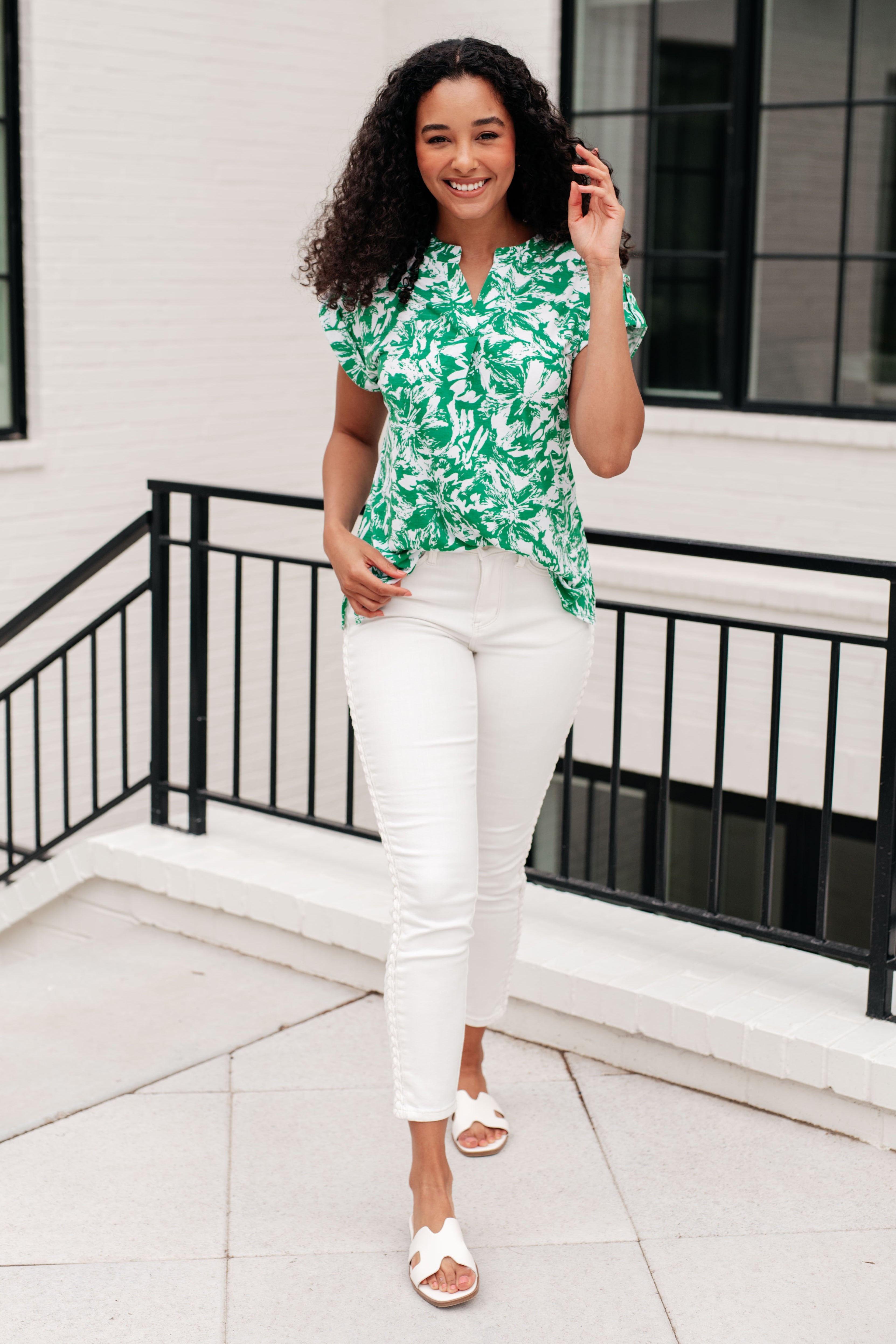 Lizzy Cap Sleeve Top in Emerald and White Floral Tops Ave Shops   