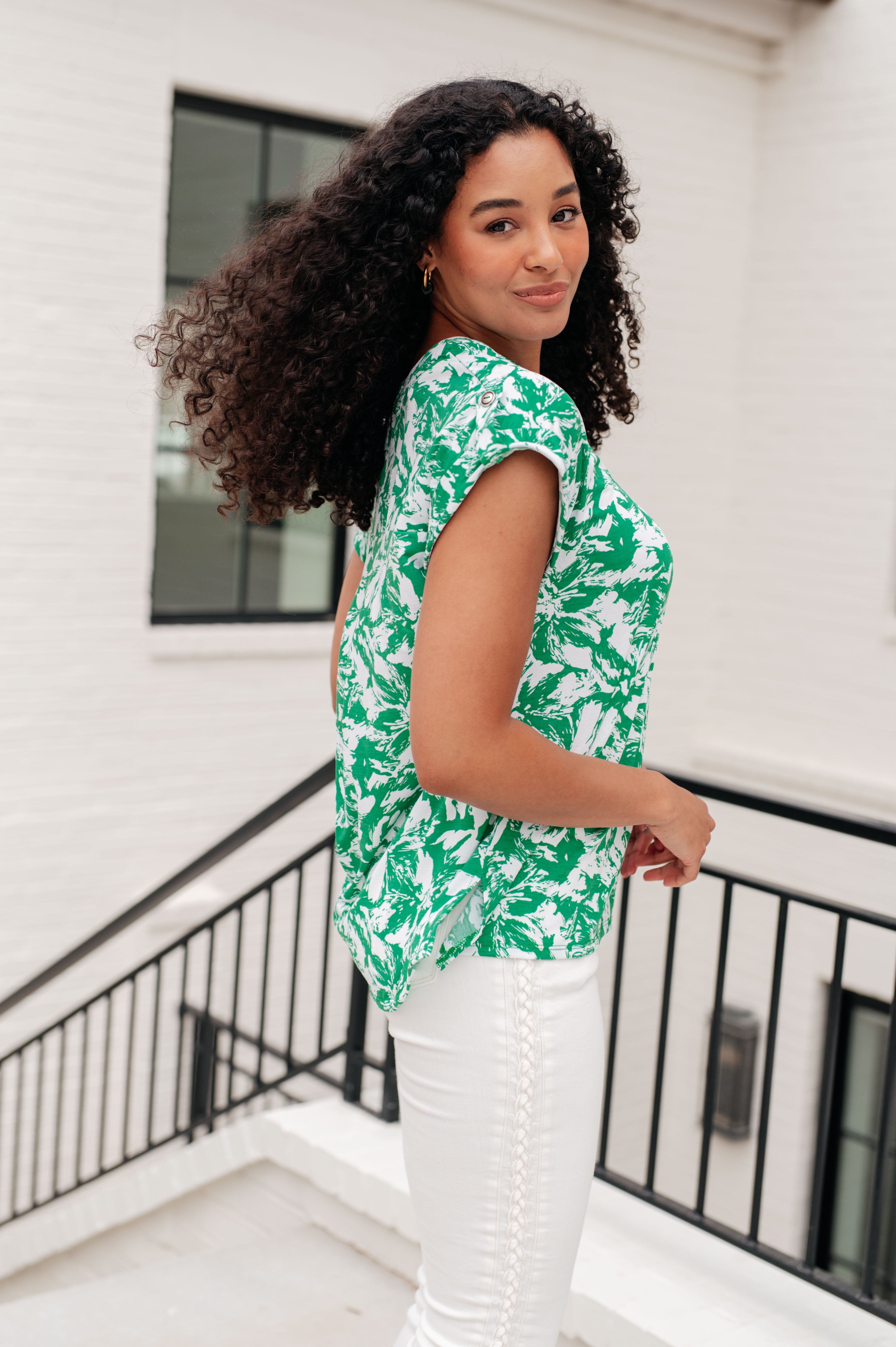 Lizzy Cap Sleeve Top in Emerald and White Floral Tops Ave Shops   