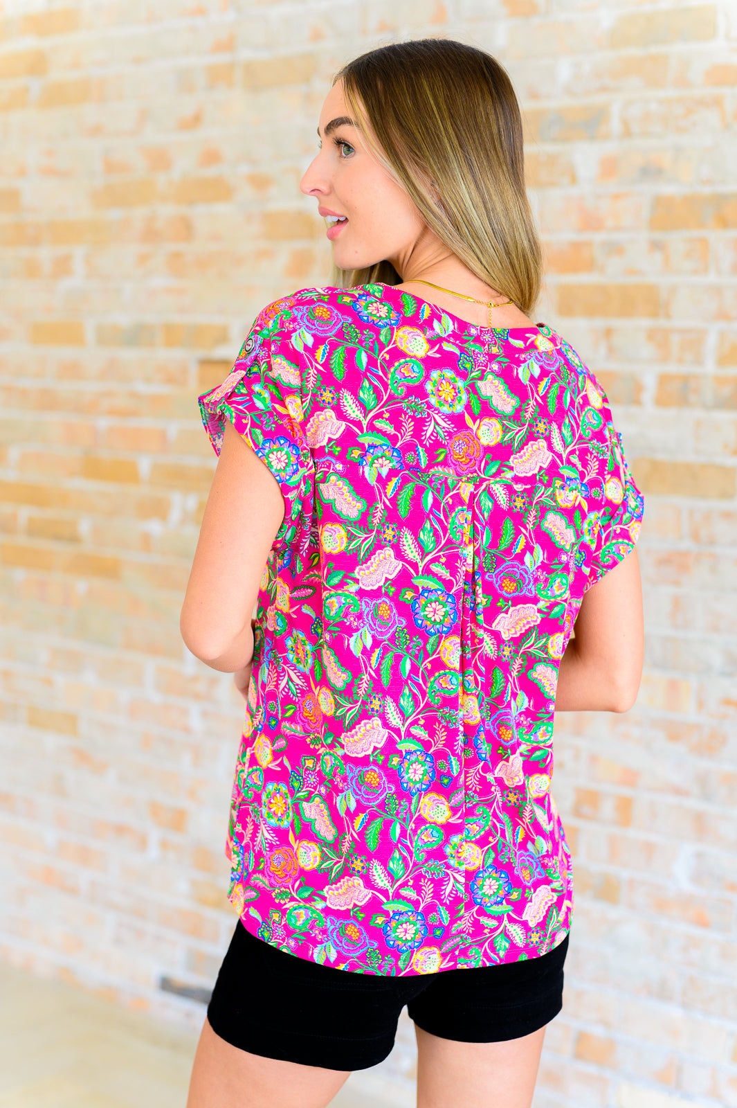 Lizzy Cap Sleeve Top in Fuchsia and Green Floral Paisley Tops Ave Shops   