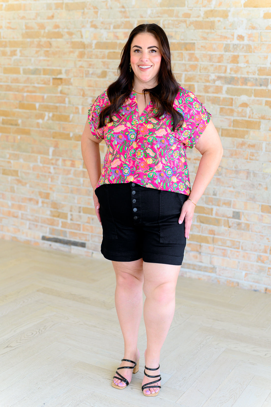 Lizzy Cap Sleeve Top in Fuchsia and Green Floral Paisley Tops Ave Shops   