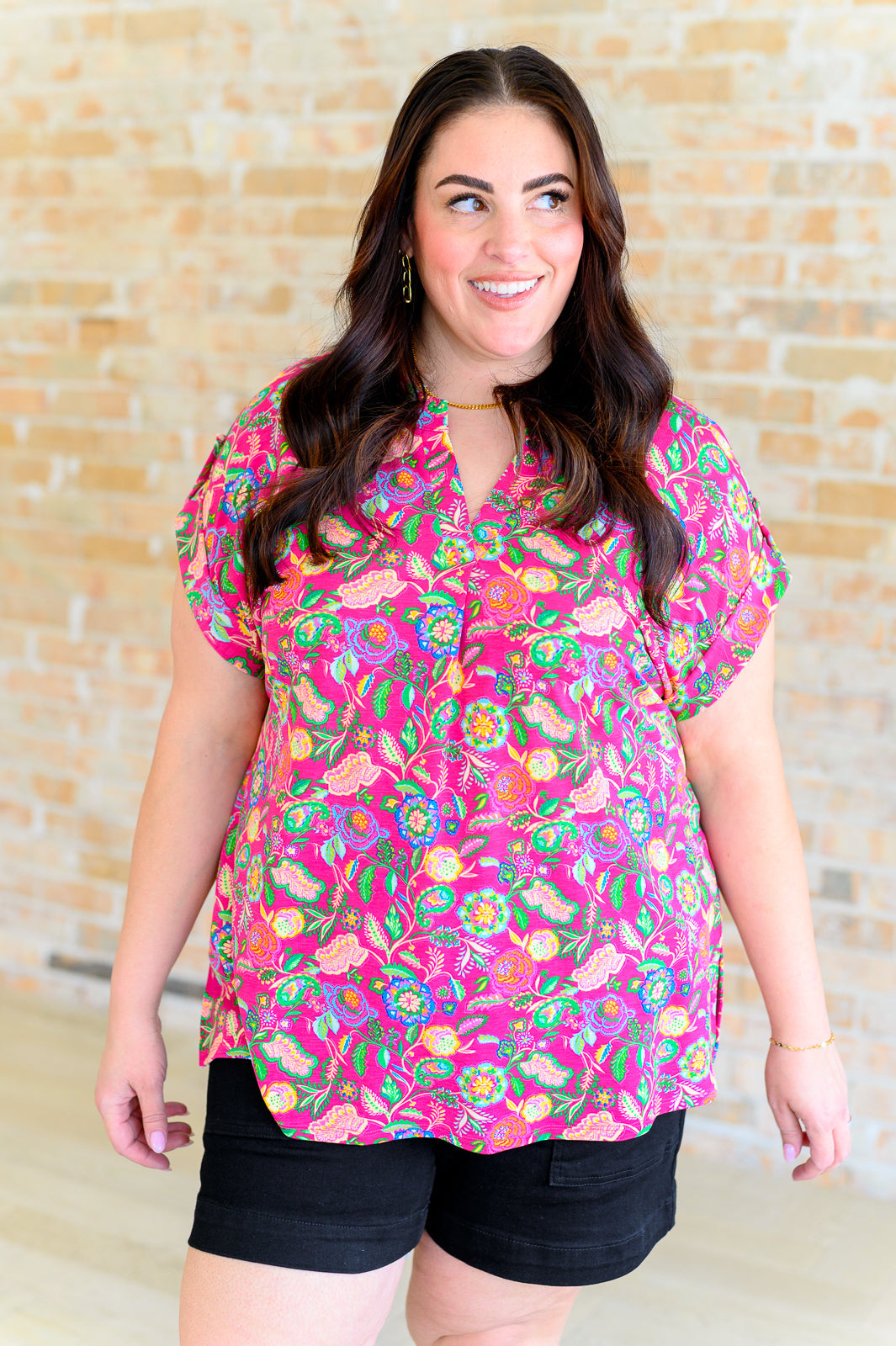 Lizzy Cap Sleeve Top in Fuchsia and Green Floral Paisley Tops Ave Shops   