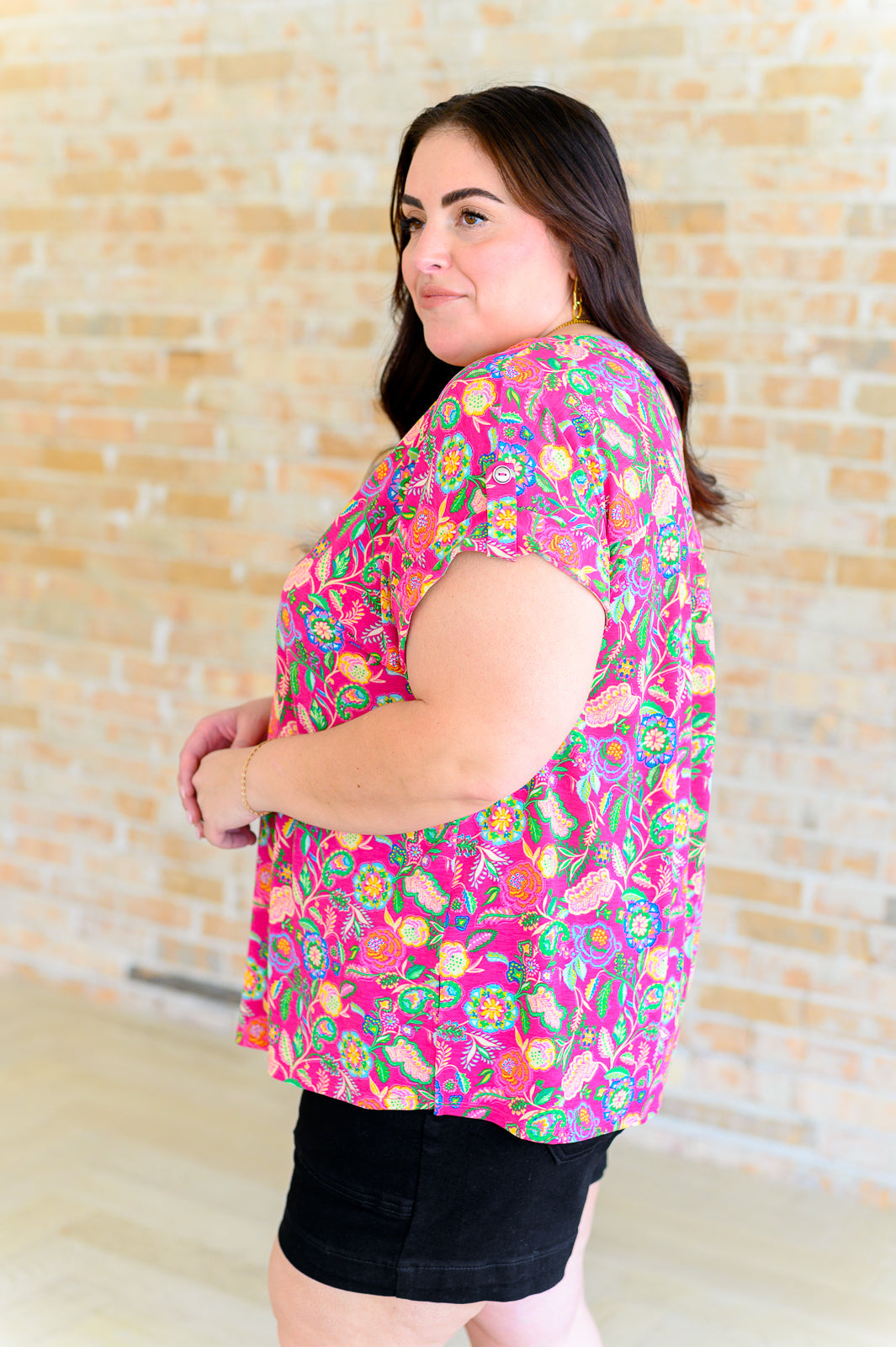 Lizzy Cap Sleeve Top in Fuchsia and Green Floral Paisley Tops Ave Shops   