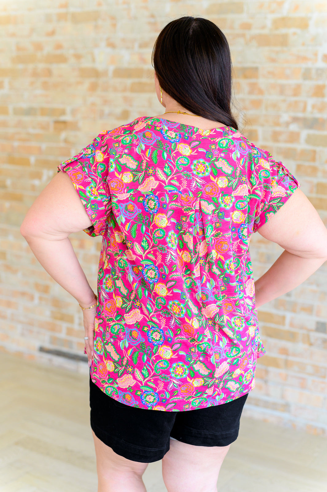 Lizzy Cap Sleeve Top in Fuchsia and Green Floral Paisley Tops Ave Shops   