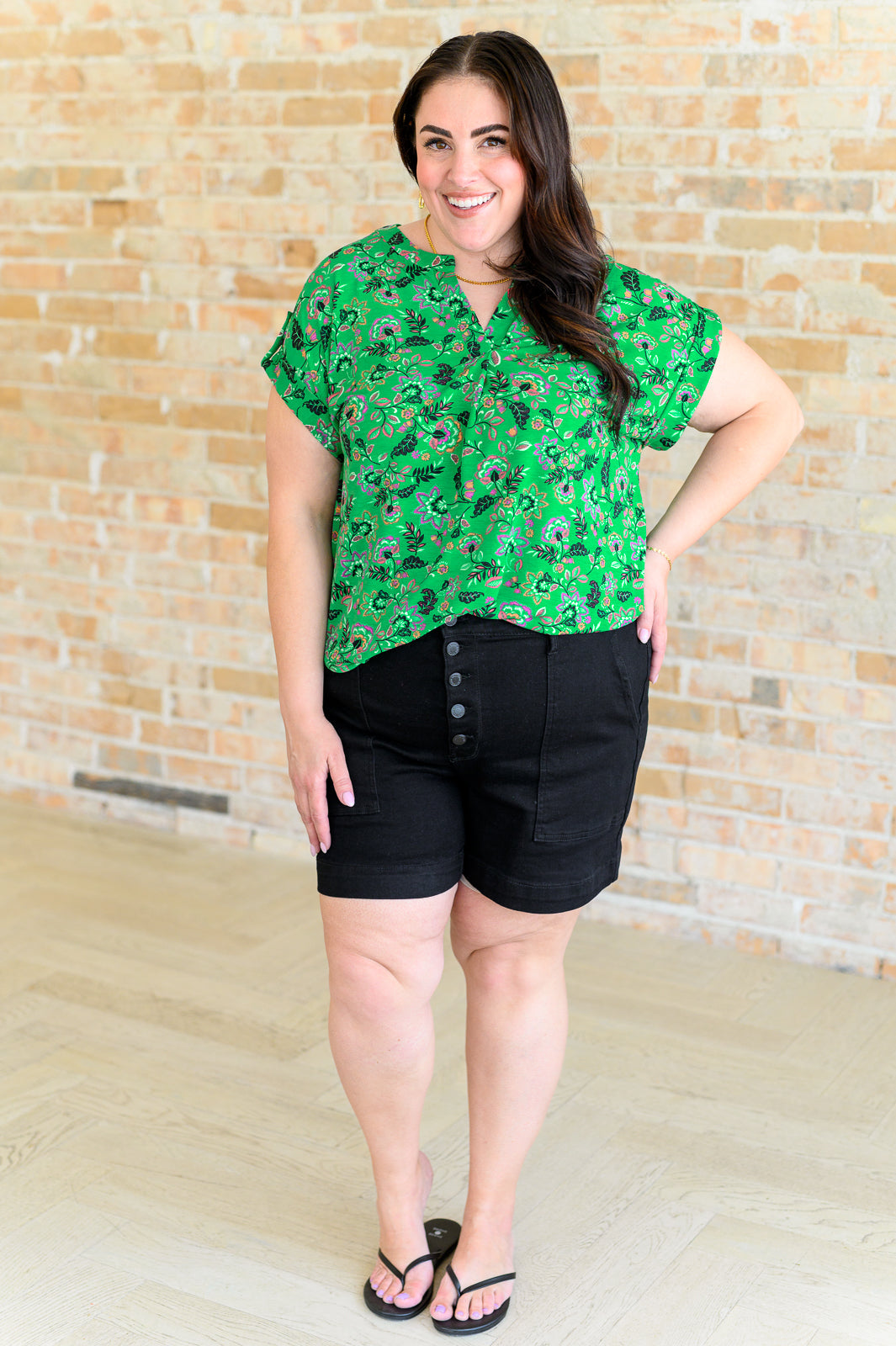 Lizzy Cap Sleeve Top in Green and Black Floral Tops Ave Shops   