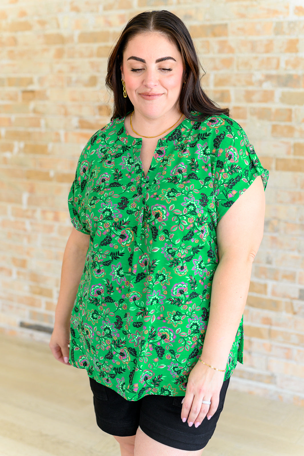 Lizzy Cap Sleeve Top in Green and Black Floral Tops Ave Shops   