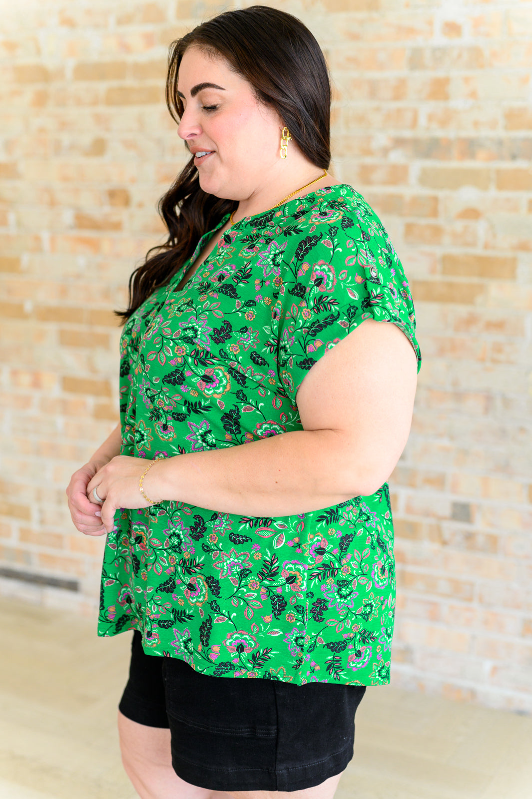 Lizzy Cap Sleeve Top in Green and Black Floral Tops Ave Shops   