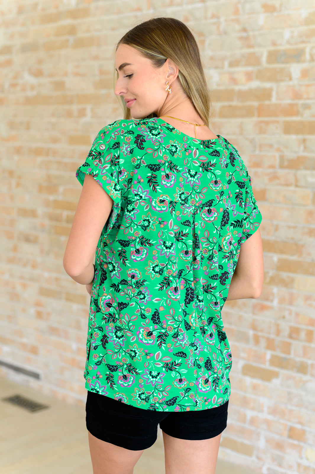 Lizzy Cap Sleeve Top in Green and Black Floral Tops Ave Shops   