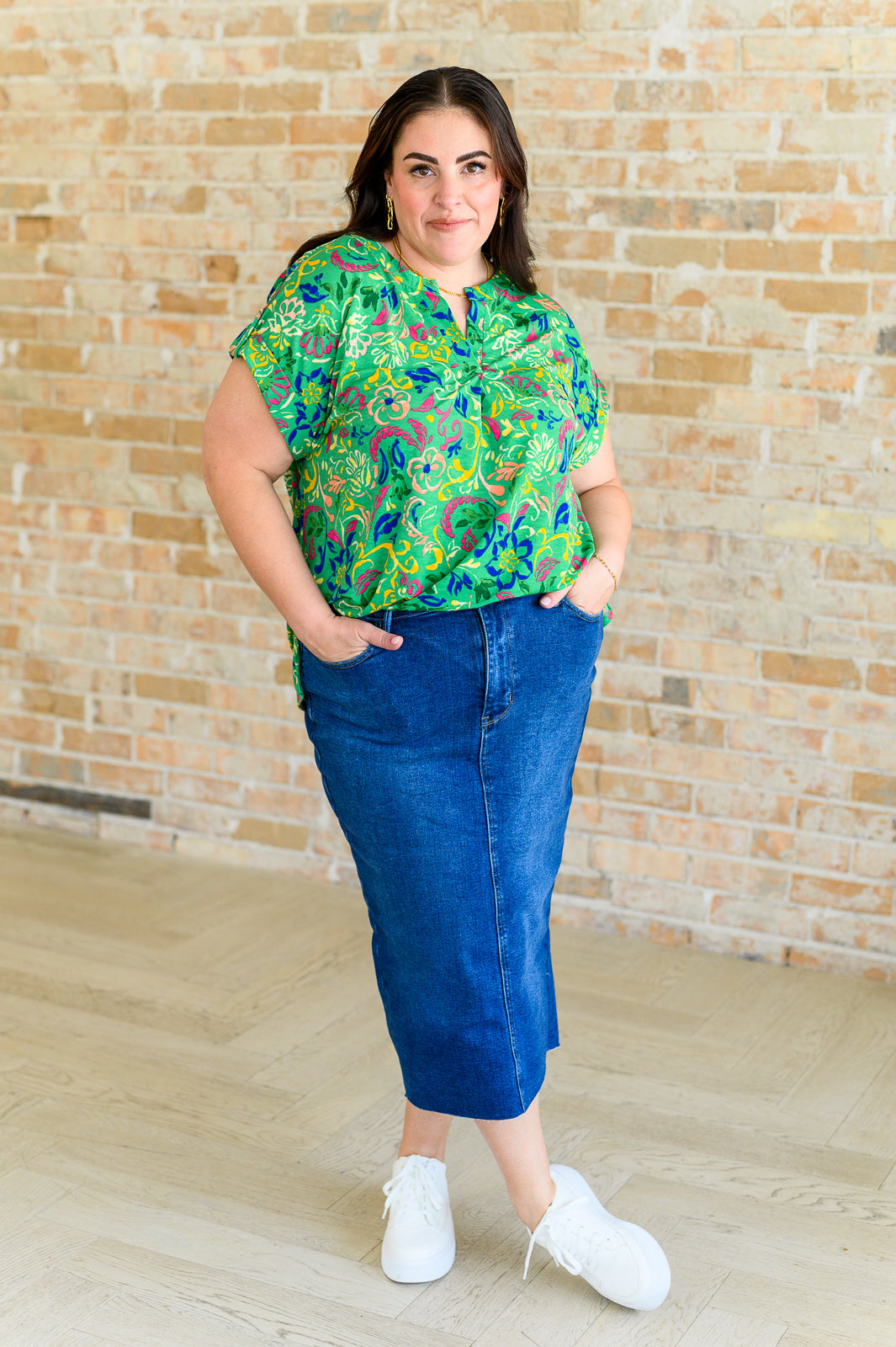 Lizzy Cap Sleeve Top in Green and Royal Watercolor Floral Tops Ave Shops   