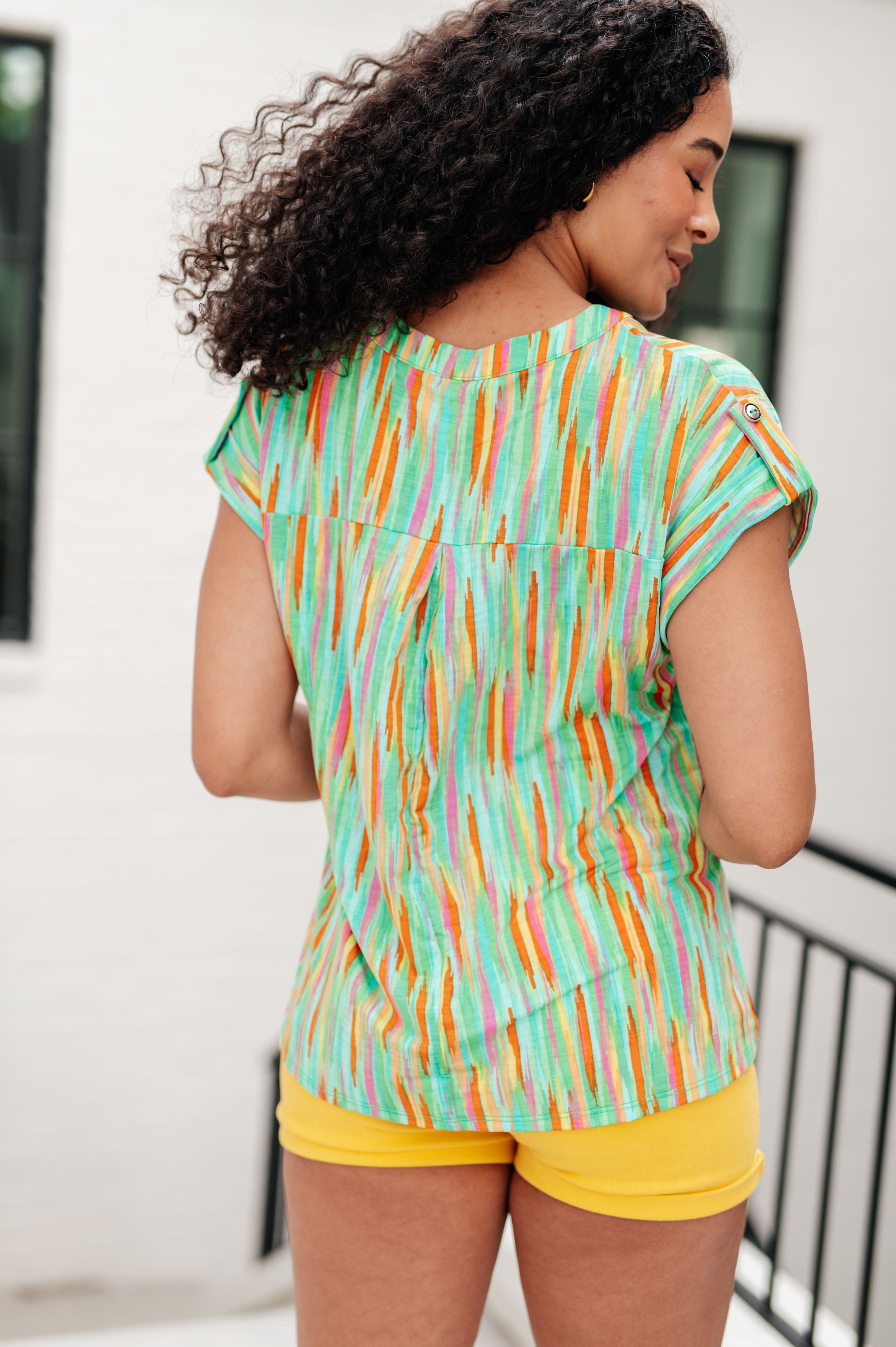 Lizzy Cap Sleeve Top in Lime and Emerald Multi Stripe Tops Ave Shops   