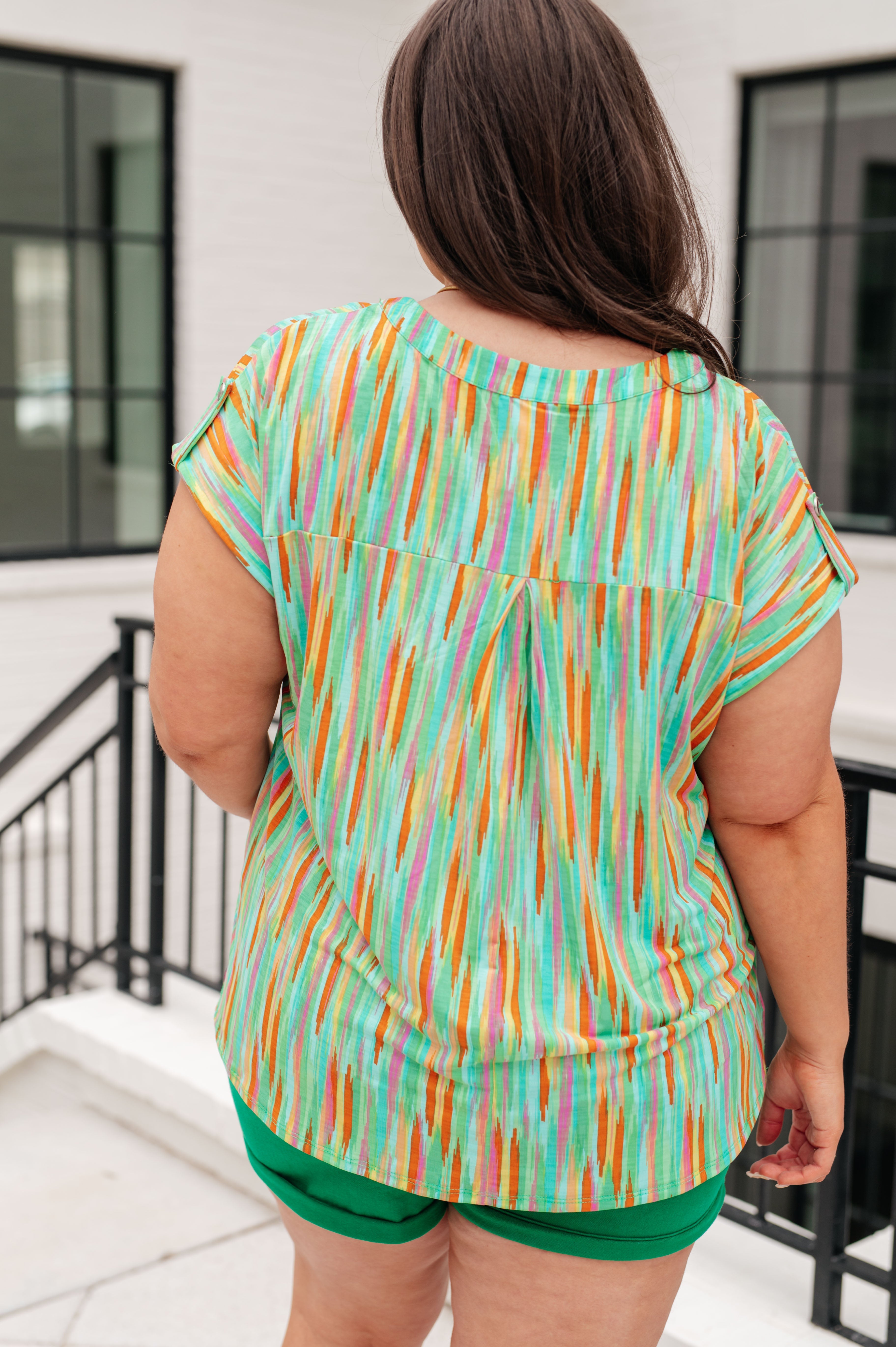 Lizzy Cap Sleeve Top in Lime and Emerald Multi Stripe Tops Ave Shops   