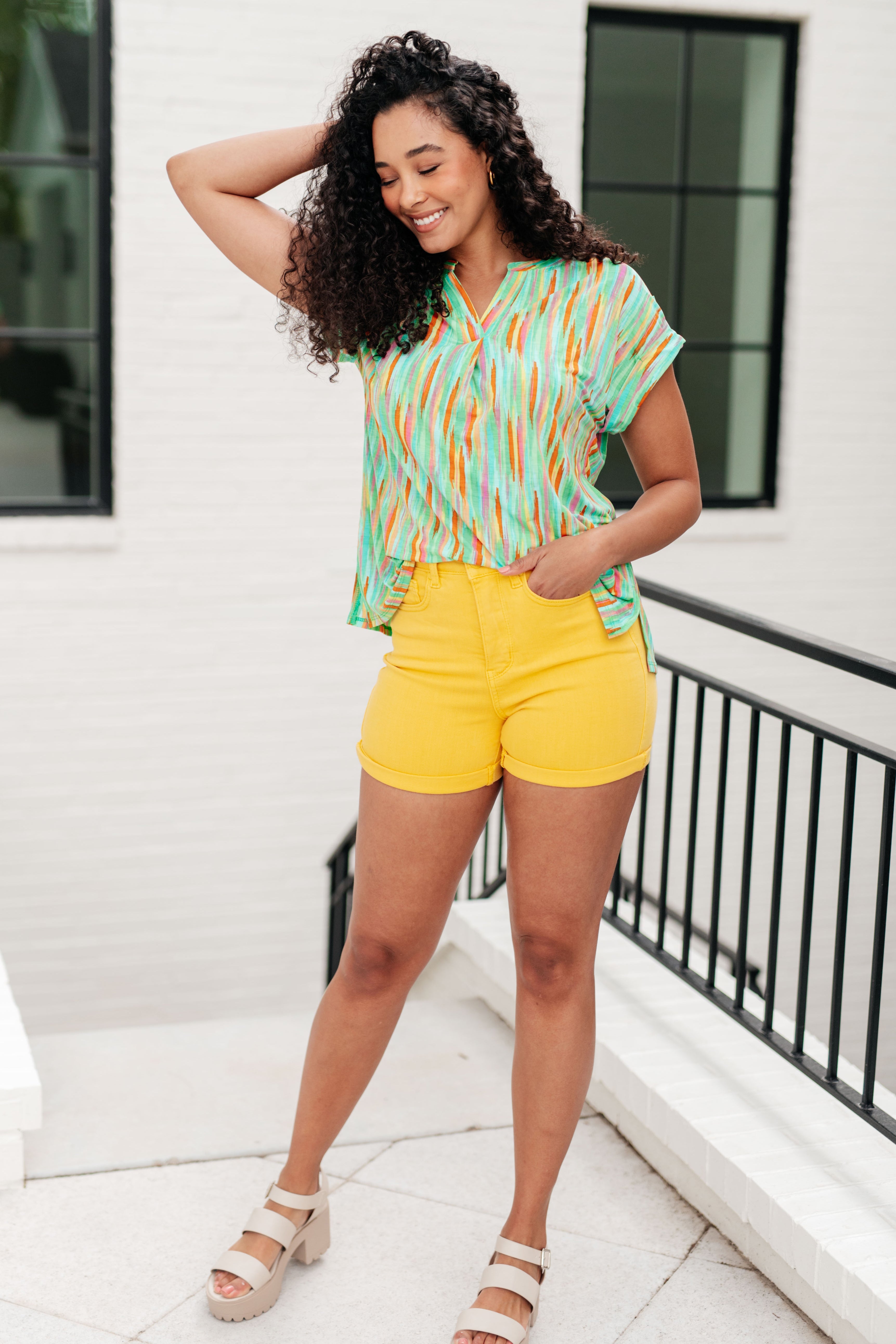 Lizzy Cap Sleeve Top in Lime and Emerald Multi Stripe Tops Ave Shops   