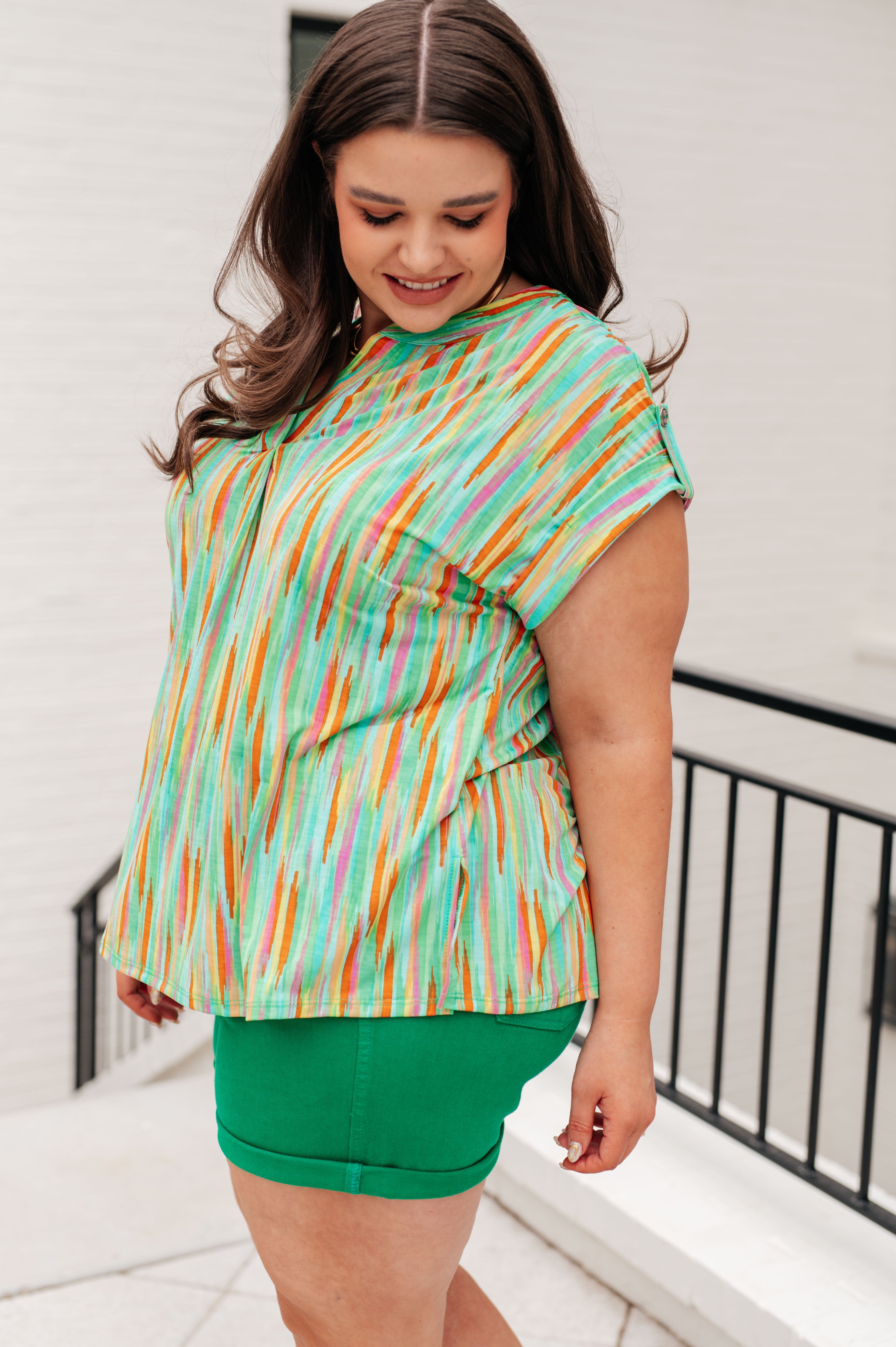 Lizzy Cap Sleeve Top in Lime and Emerald Multi Stripe Tops Ave Shops   