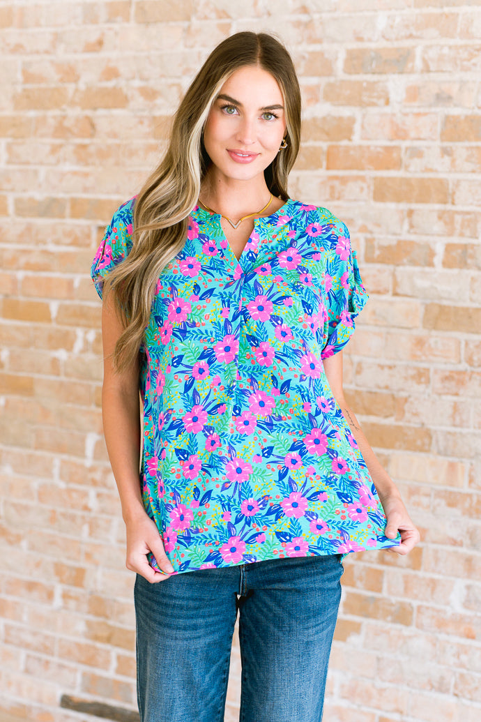 Lizzy Cap Sleeve Top in Mint and Lavender Floral Tops Ave Shops   