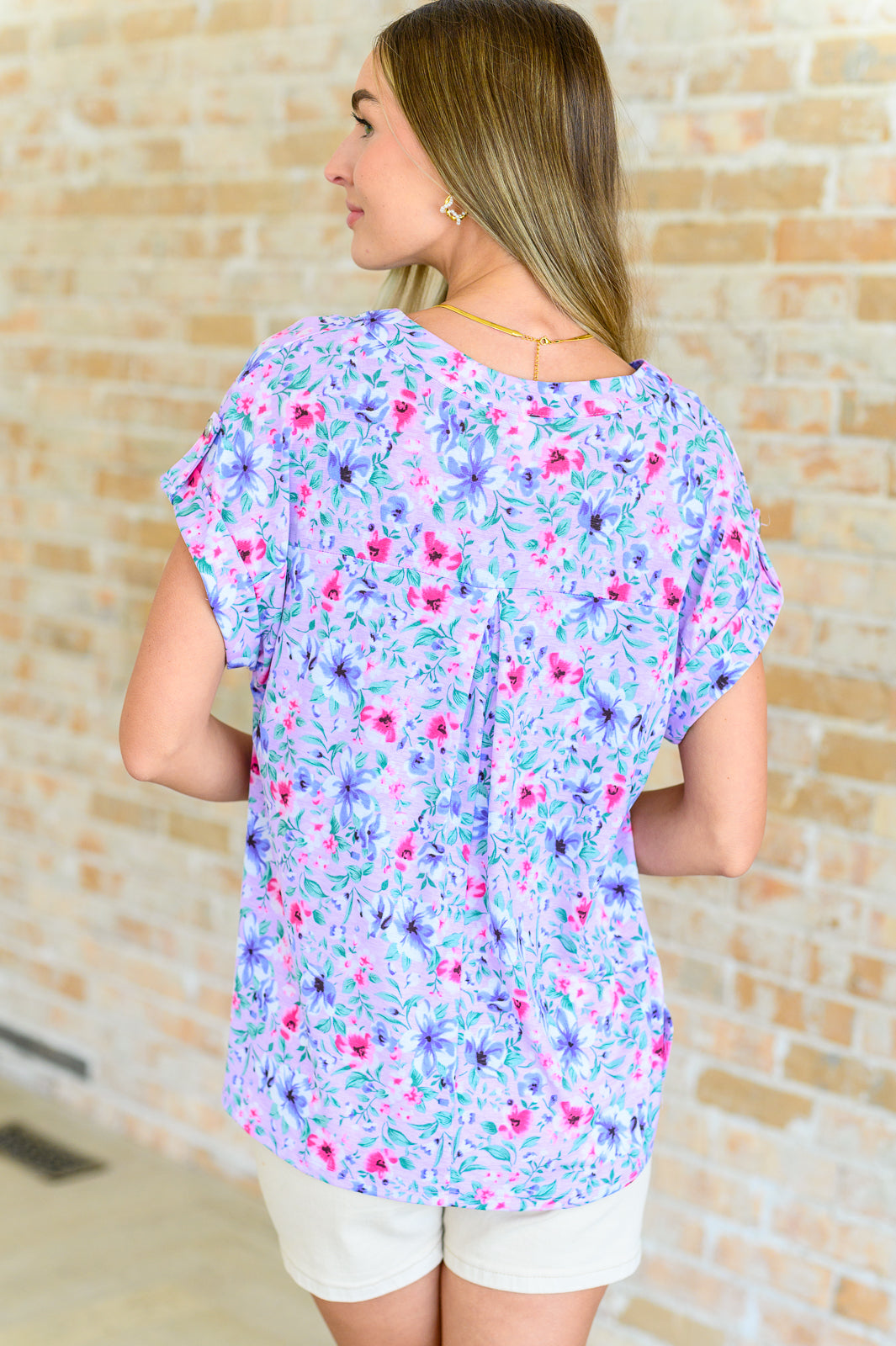 Lizzy Cap Sleeve Top in Muted Lavender and Pink Floral Tops Ave Shops   