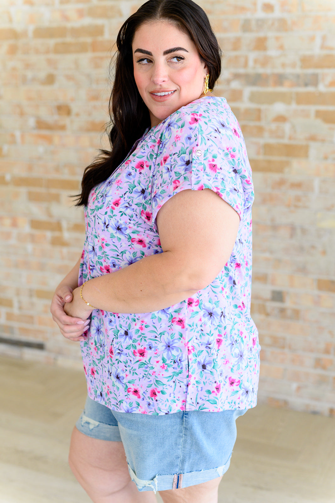 Lizzy Cap Sleeve Top in Muted Lavender and Pink Floral Tops Ave Shops   