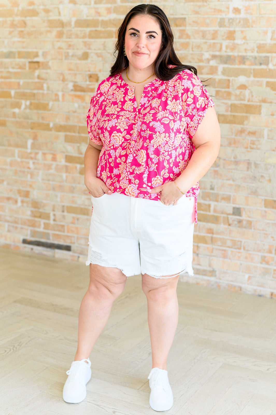 Lizzy Cap Sleeve Top in Pink and Peach Floral Tops Ave Shops   