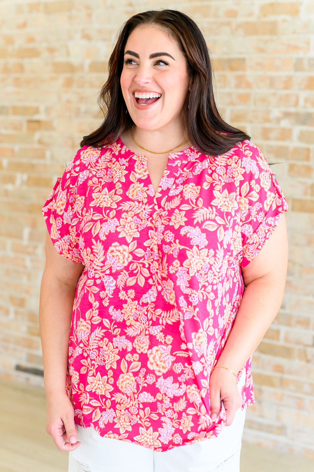 Lizzy Cap Sleeve Top in Pink and Peach Floral Tops Ave Shops   