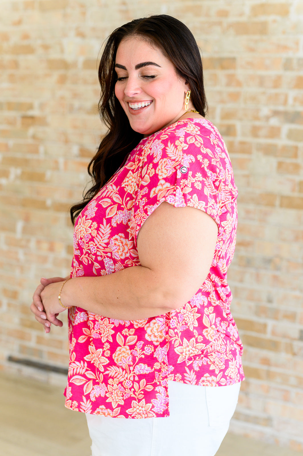 Lizzy Cap Sleeve Top in Pink and Peach Floral Tops Ave Shops   