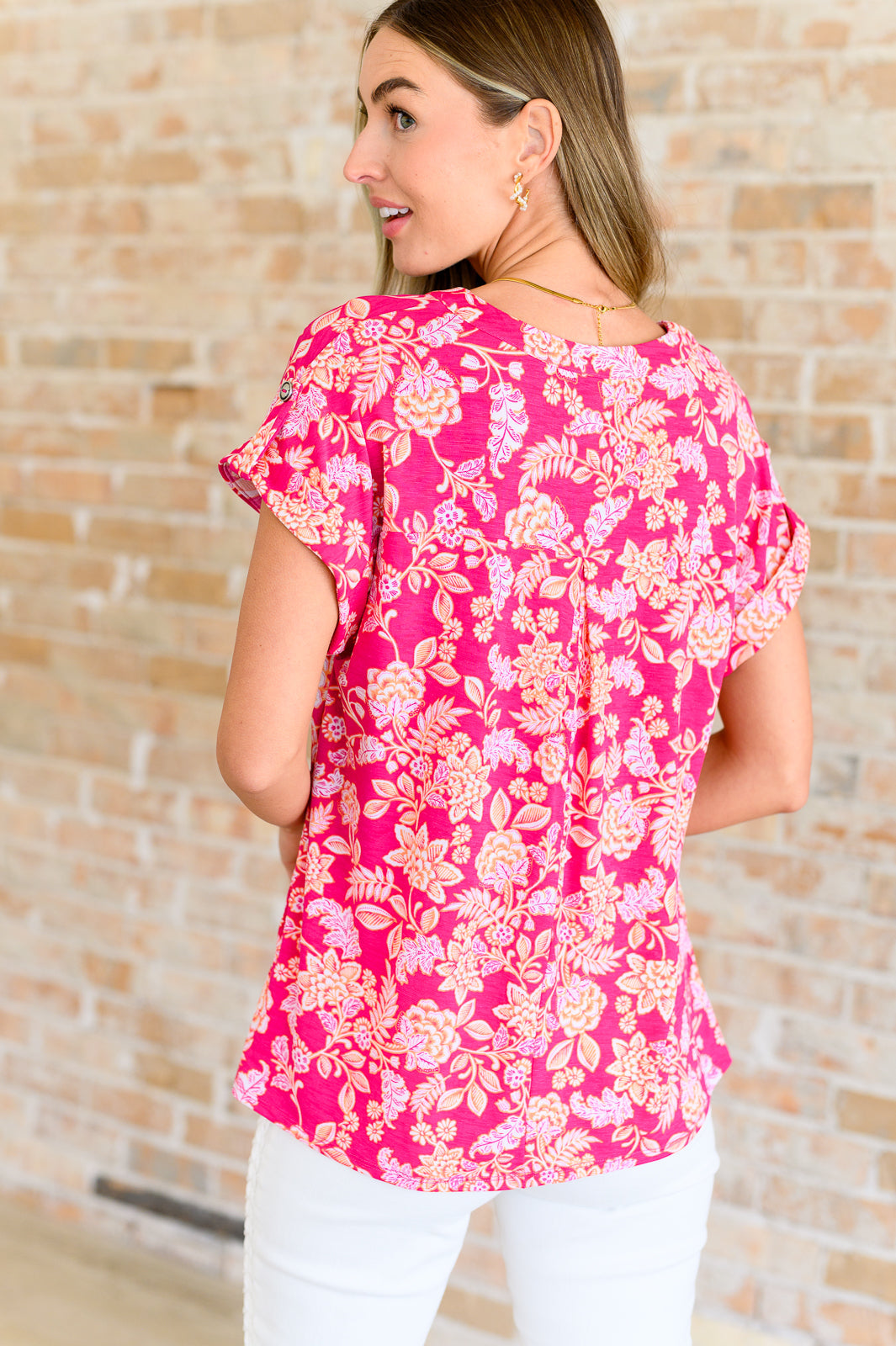 Lizzy Cap Sleeve Top in Pink and Peach Floral Tops Ave Shops   