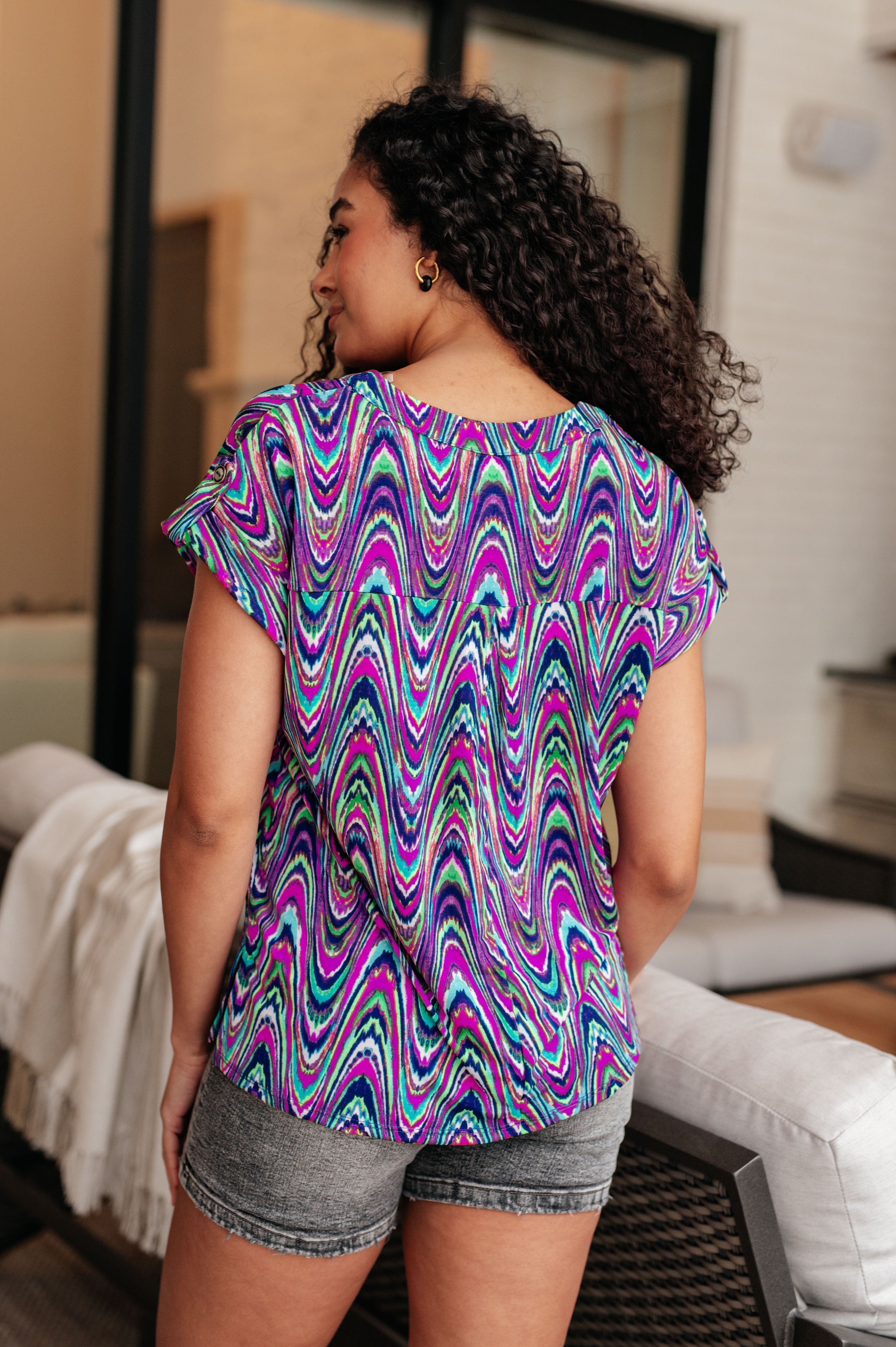 Lizzy Cap Sleeve Top in Purple Multi Marble Tops Ave Shops   