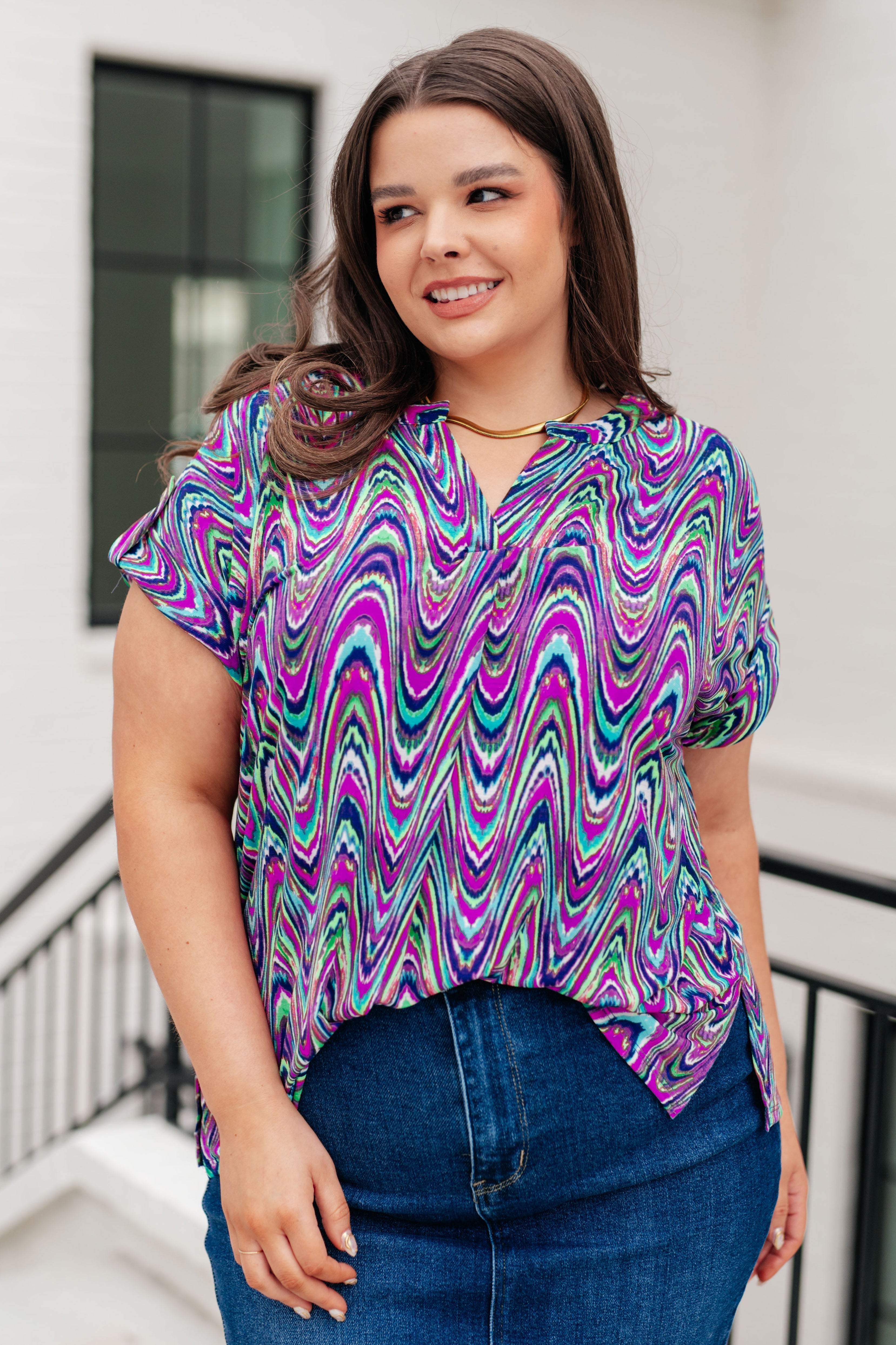 Lizzy Cap Sleeve Top in Purple Multi Marble Tops Ave Shops   