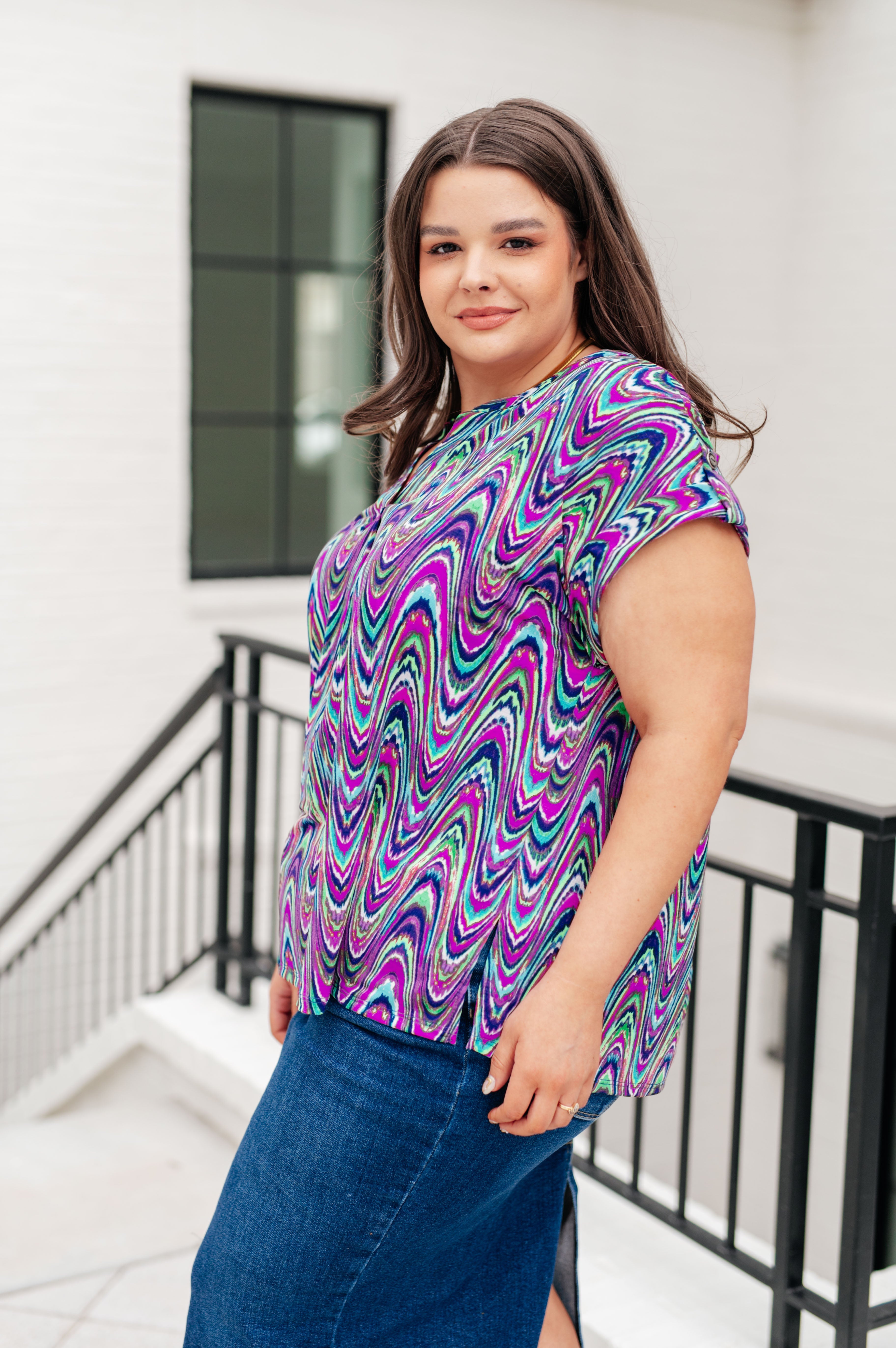 Lizzy Cap Sleeve Top in Purple Multi Marble Tops Ave Shops   