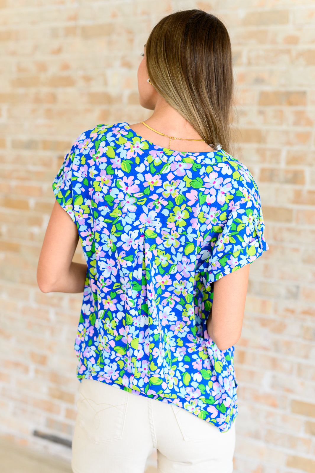 Lizzy Cap Sleeve Top in Royal and Pink Wildflower Tops Ave Shops   