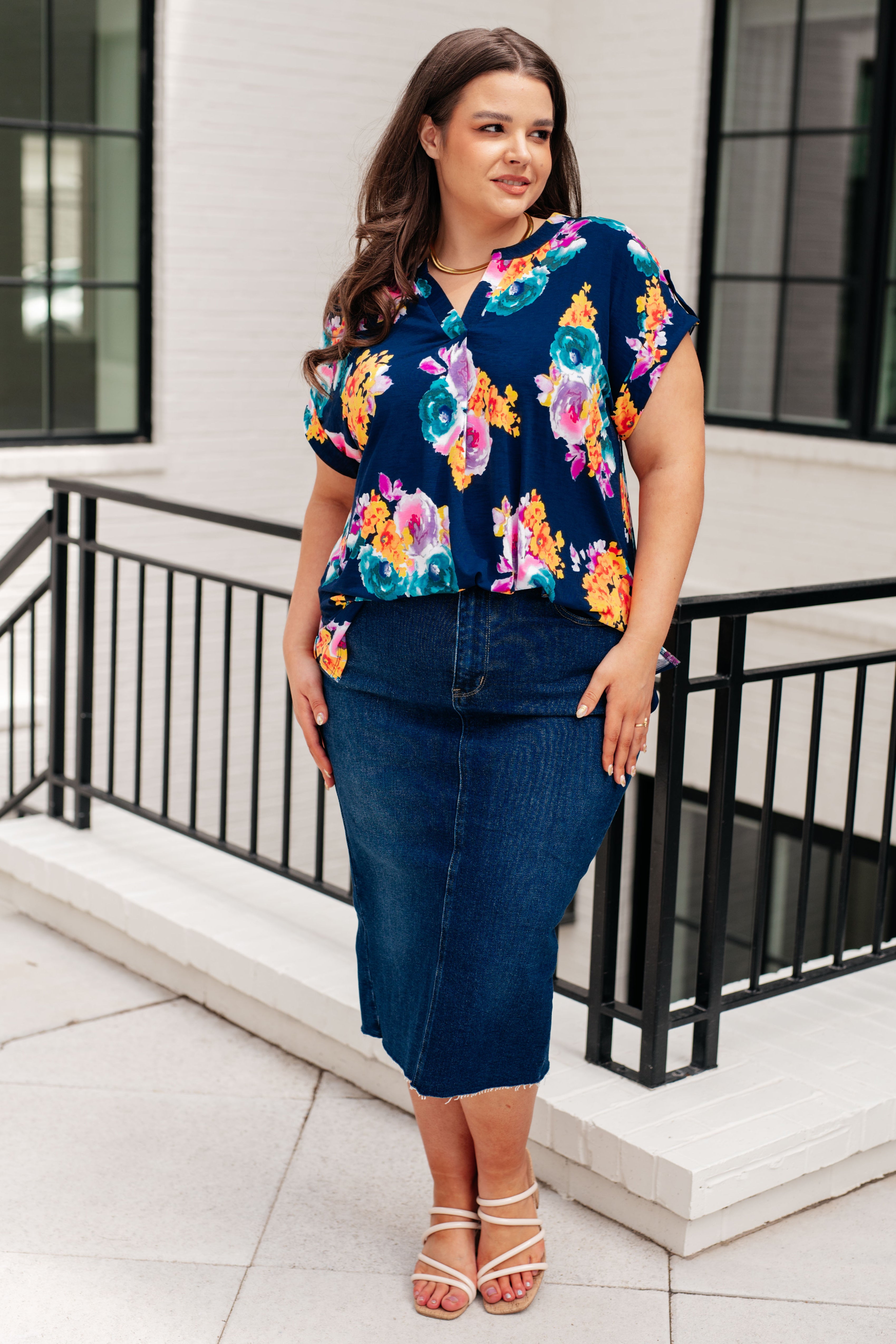 Lizzy Cap Sleeve in Navy and Pastel Bouquet Tops Ave Shops   