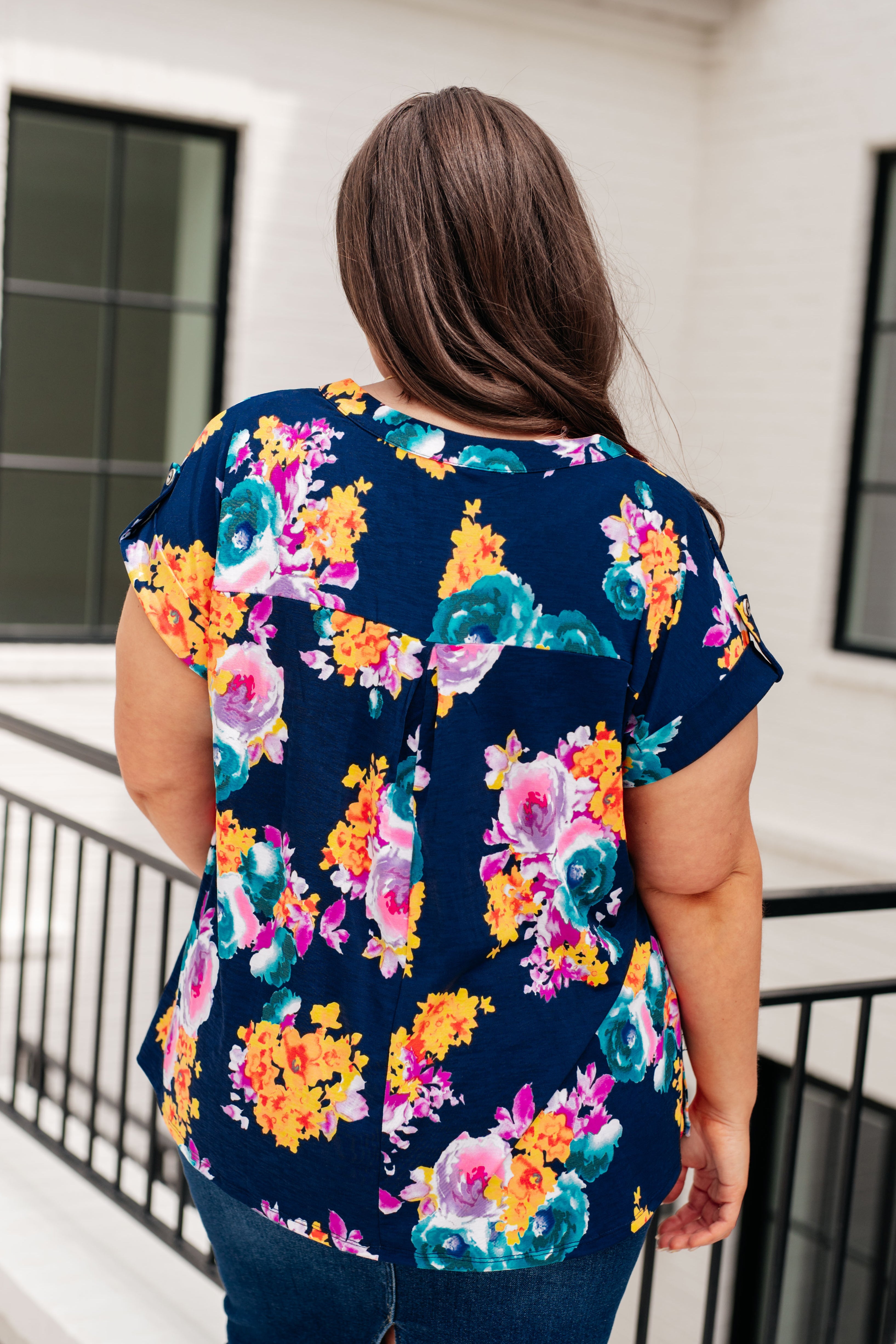 Lizzy Cap Sleeve in Navy and Pastel Bouquet Tops Ave Shops   