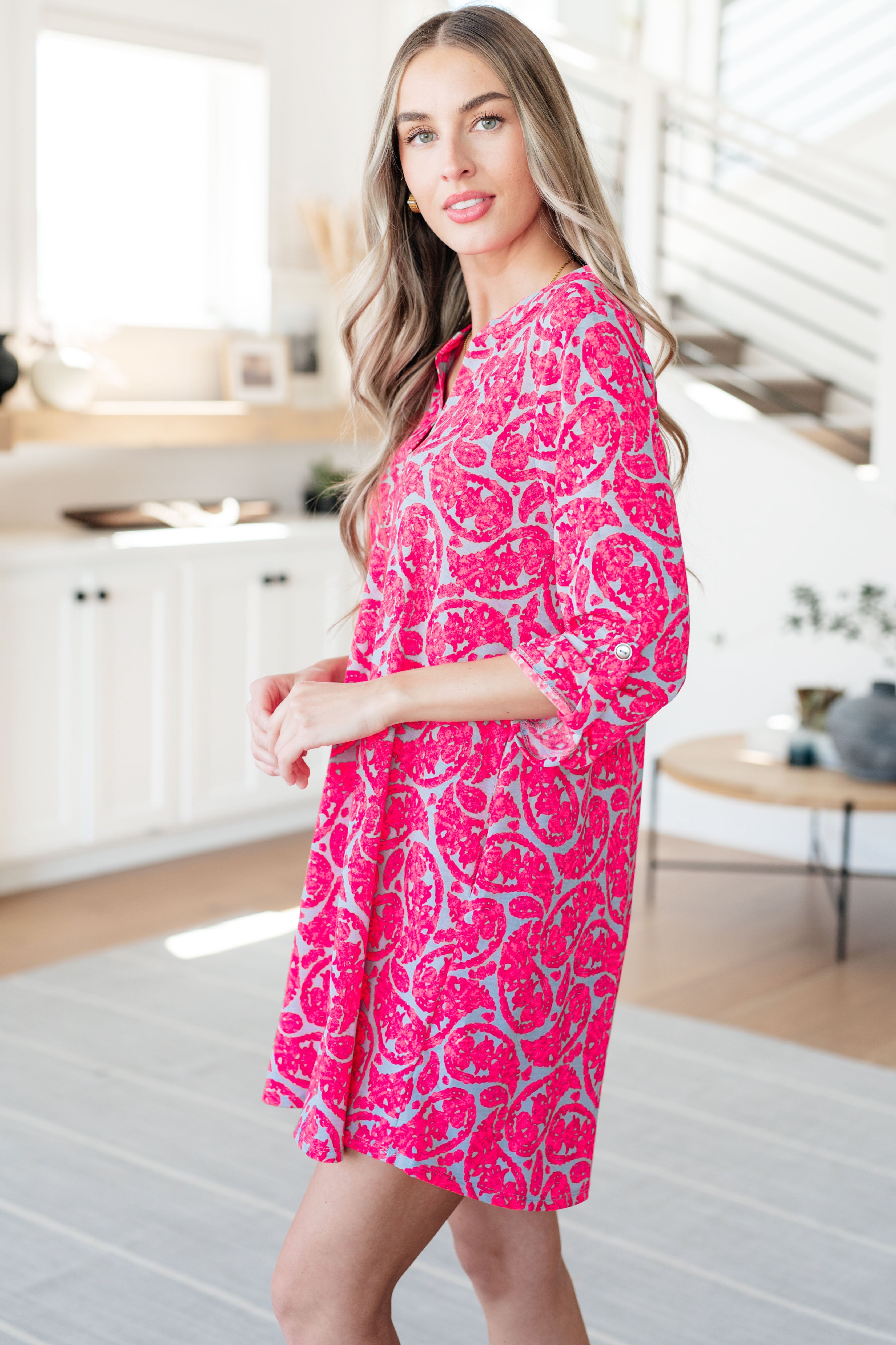 Lizzy Dress in Grey and Pink Paisley Dresses Ave Shops   