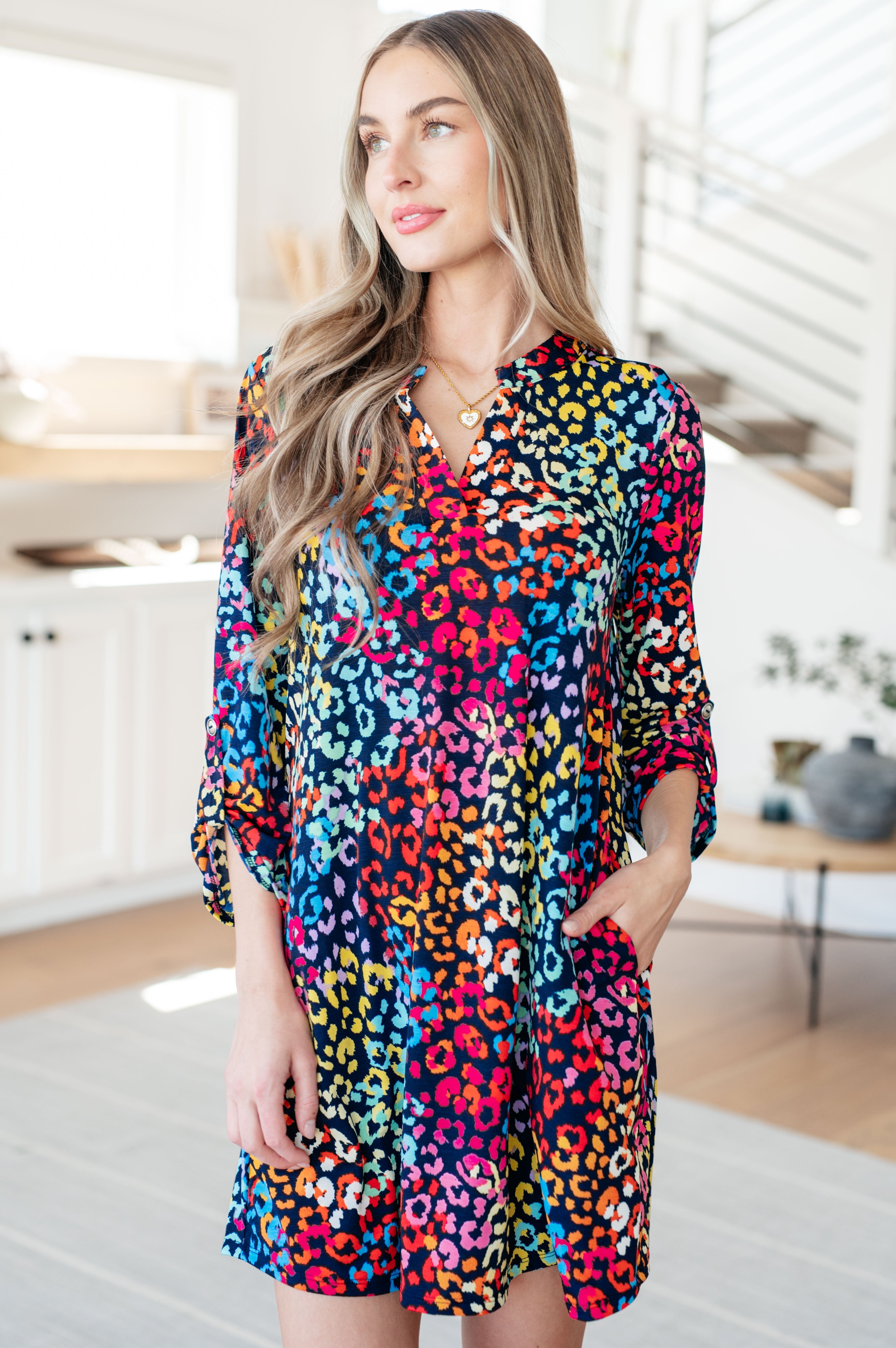 Lizzy Dress in Navy Rainbow Leopard Dresses Ave Shops   