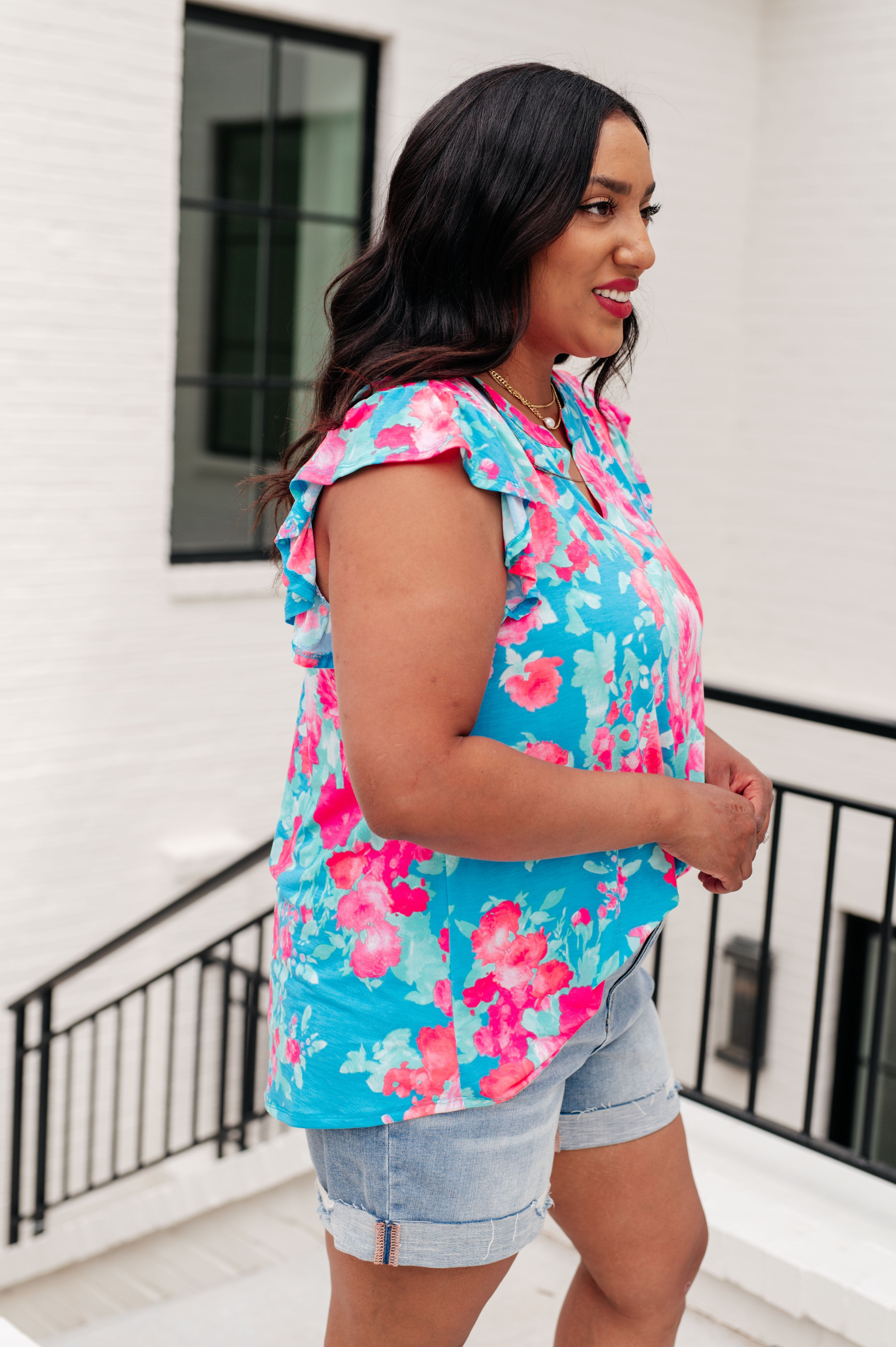 Lizzy Flutter Sleeve Top in Blue and Pink Roses Tops Ave Shops   