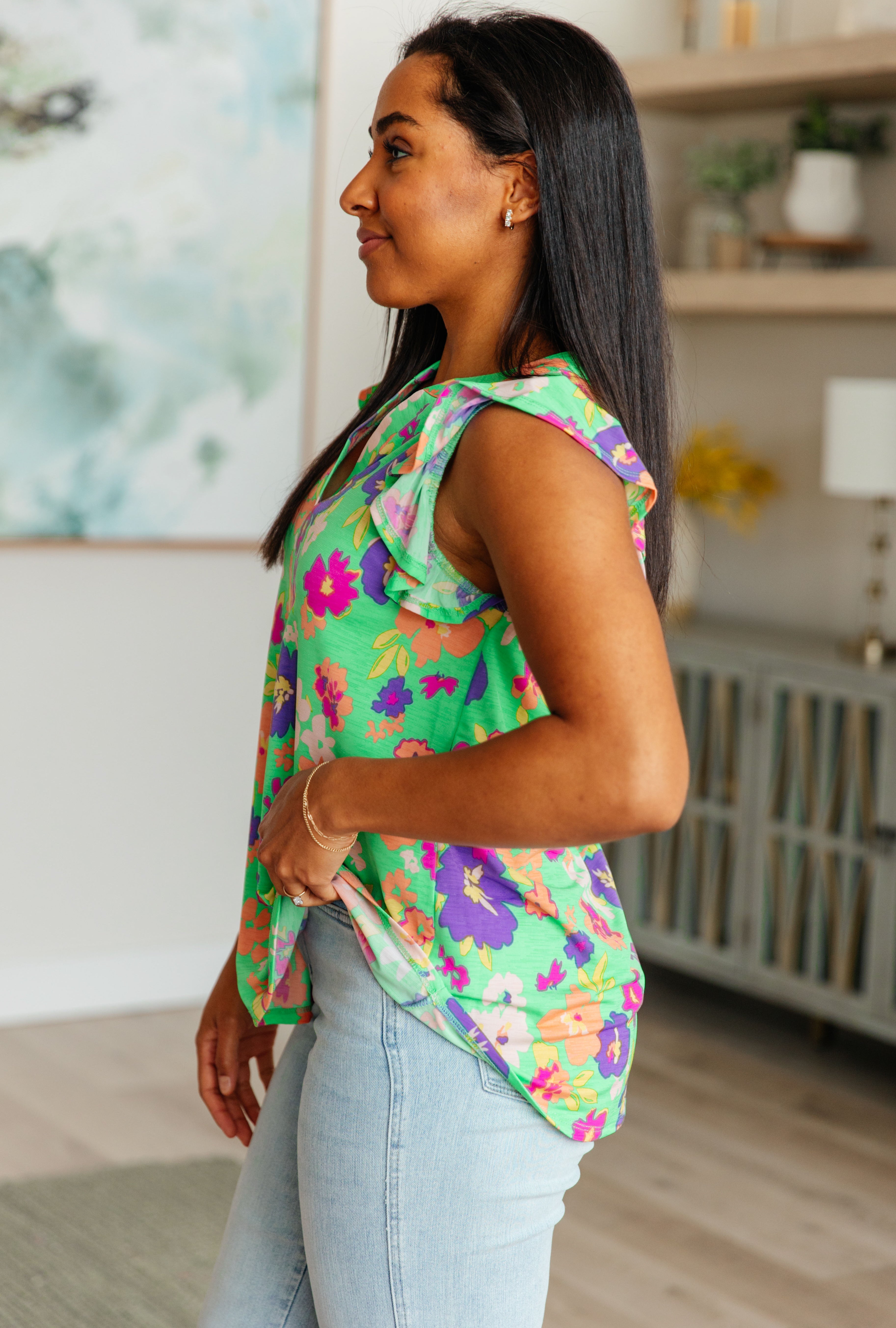 Lizzy Flutter Sleeve Top in Emerald and Purple Floral Tops Ave Shops   