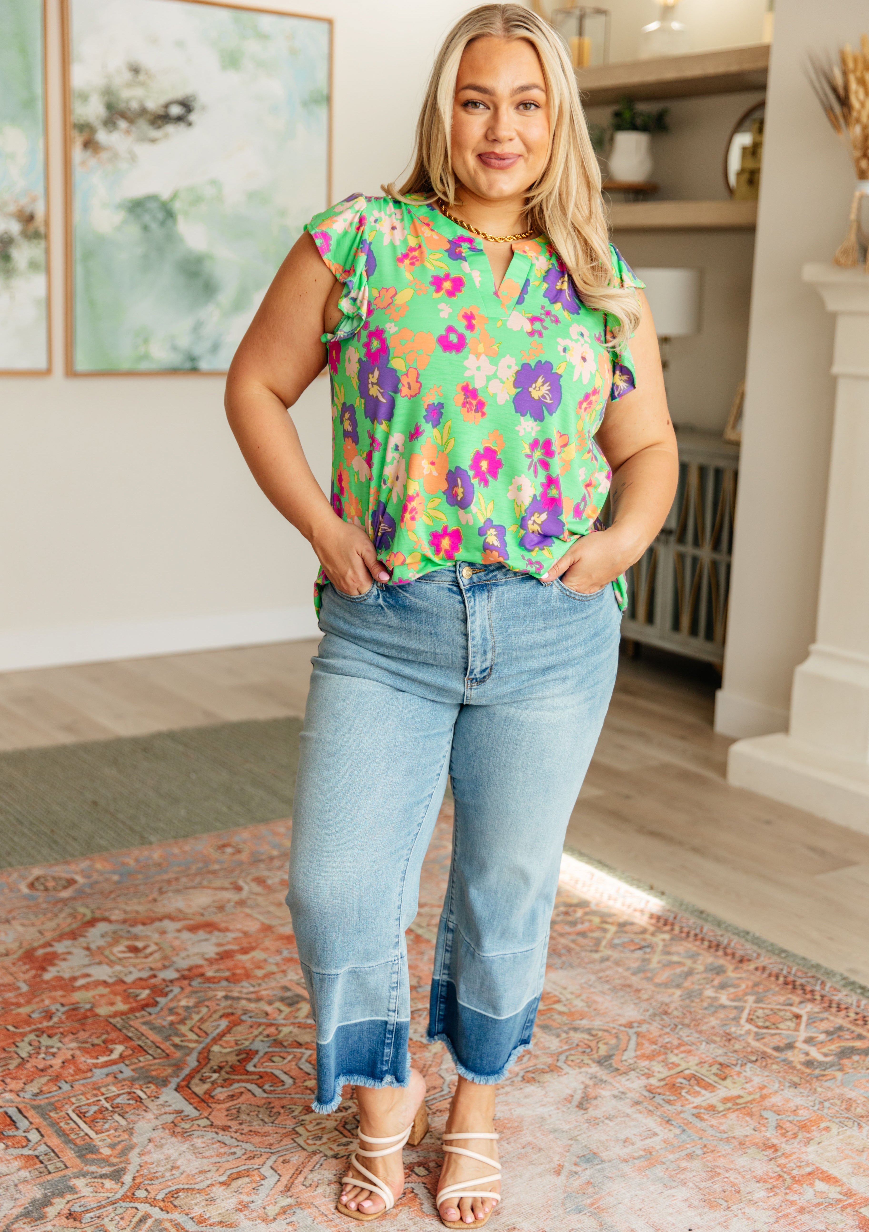 Lizzy Flutter Sleeve Top in Emerald and Purple Floral Tops Ave Shops   