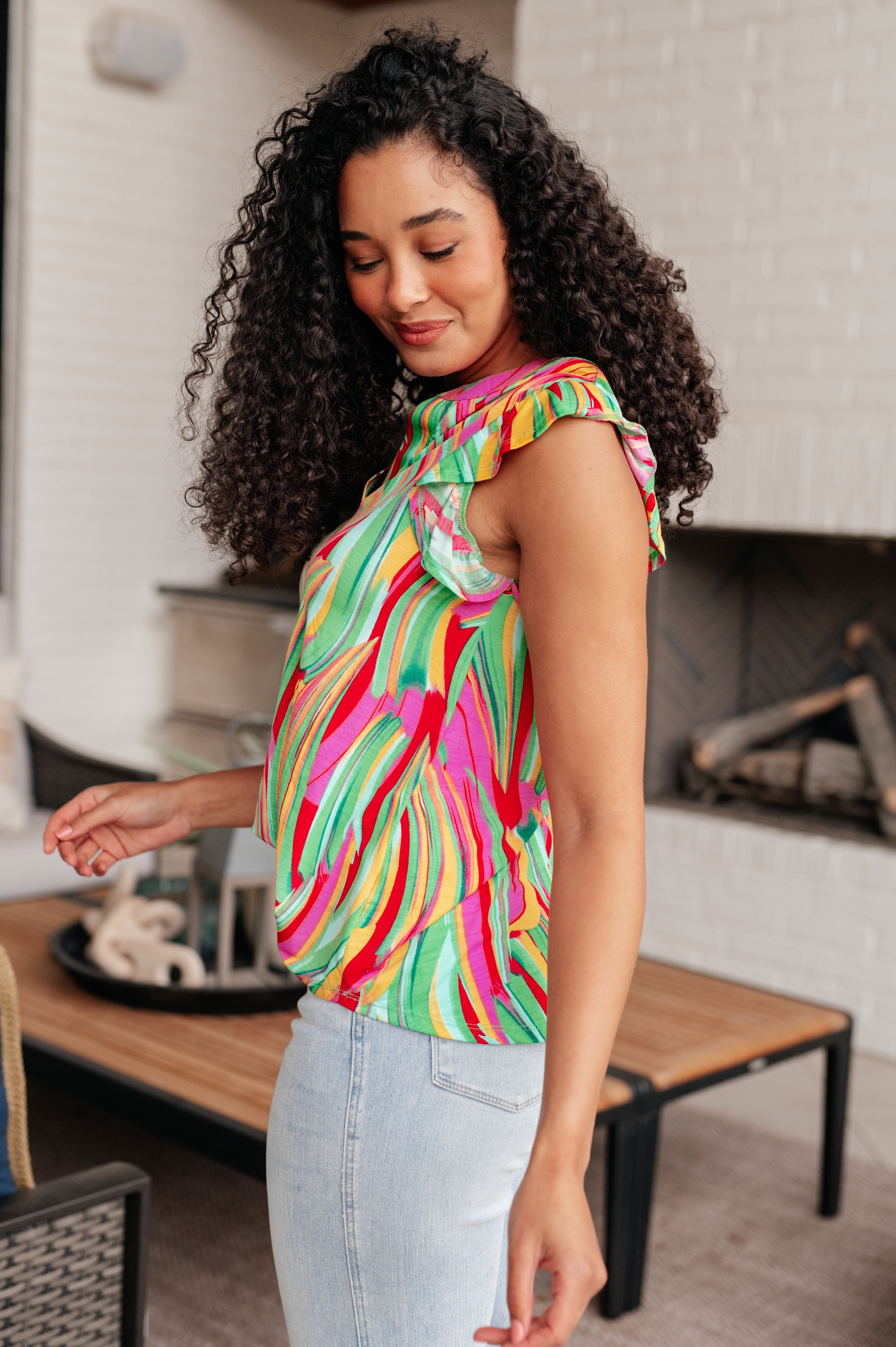 Lizzy Flutter Sleeve Top in Green Multi Abstract Stripe Tops Ave Shops   